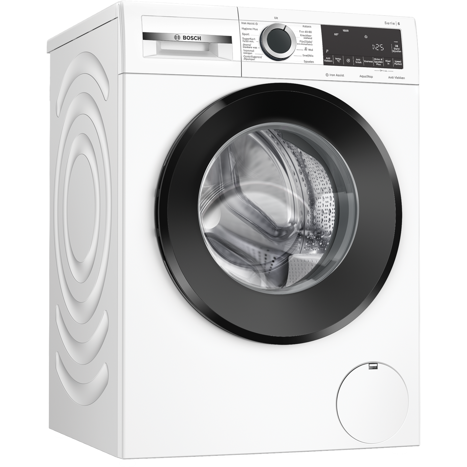 Een witte Bosch wasmachine met een zwarte deur. Hij heeft een bedieningspaneel bovenop. De deur is gesloten. Staat op een witte achtergrond.