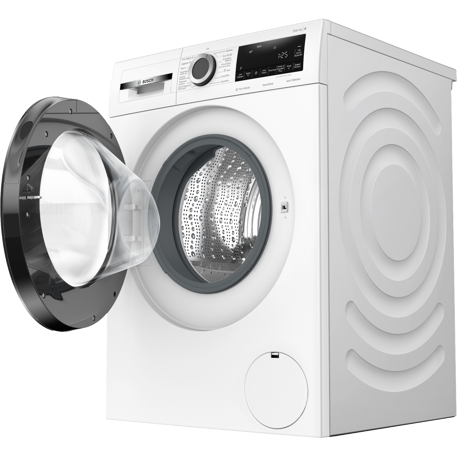 Een witte Bosch wasmachine met een open deur. De open deur onthult de trommel. De machine heeft een bedieningspaneel en een ronde toegang.