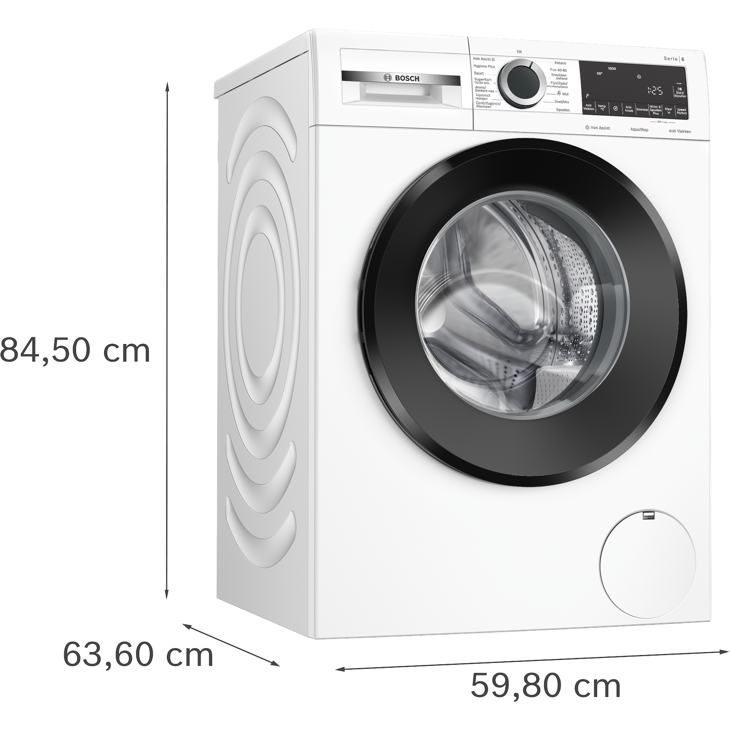 Een witte Bosch wasmachine met zwarte deur. Afmetingen: 84,50 cm hoog, 63,60 cm diep, 59,80 cm breed.