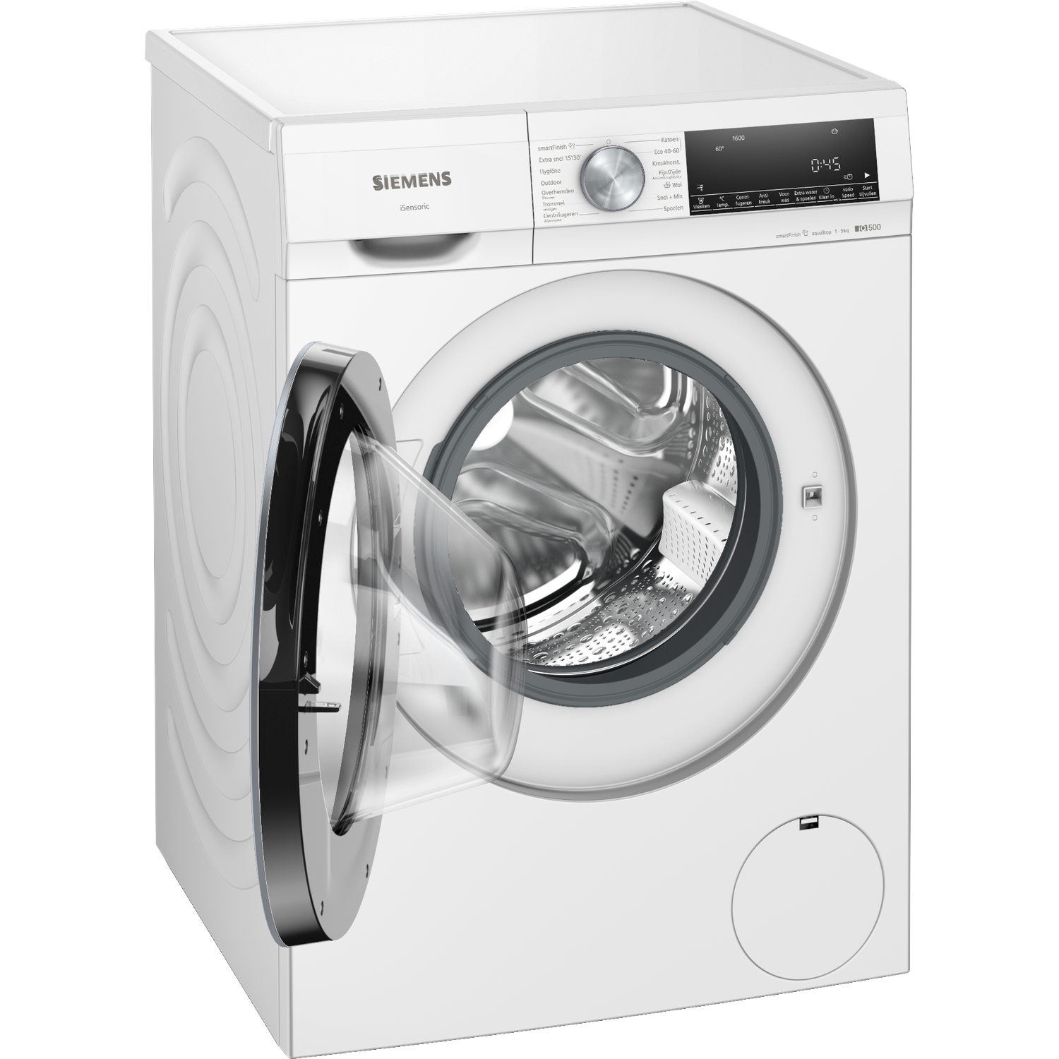 A white Siemens washing machine with an open door, revealing the drum. Control panel and buttons are visible.