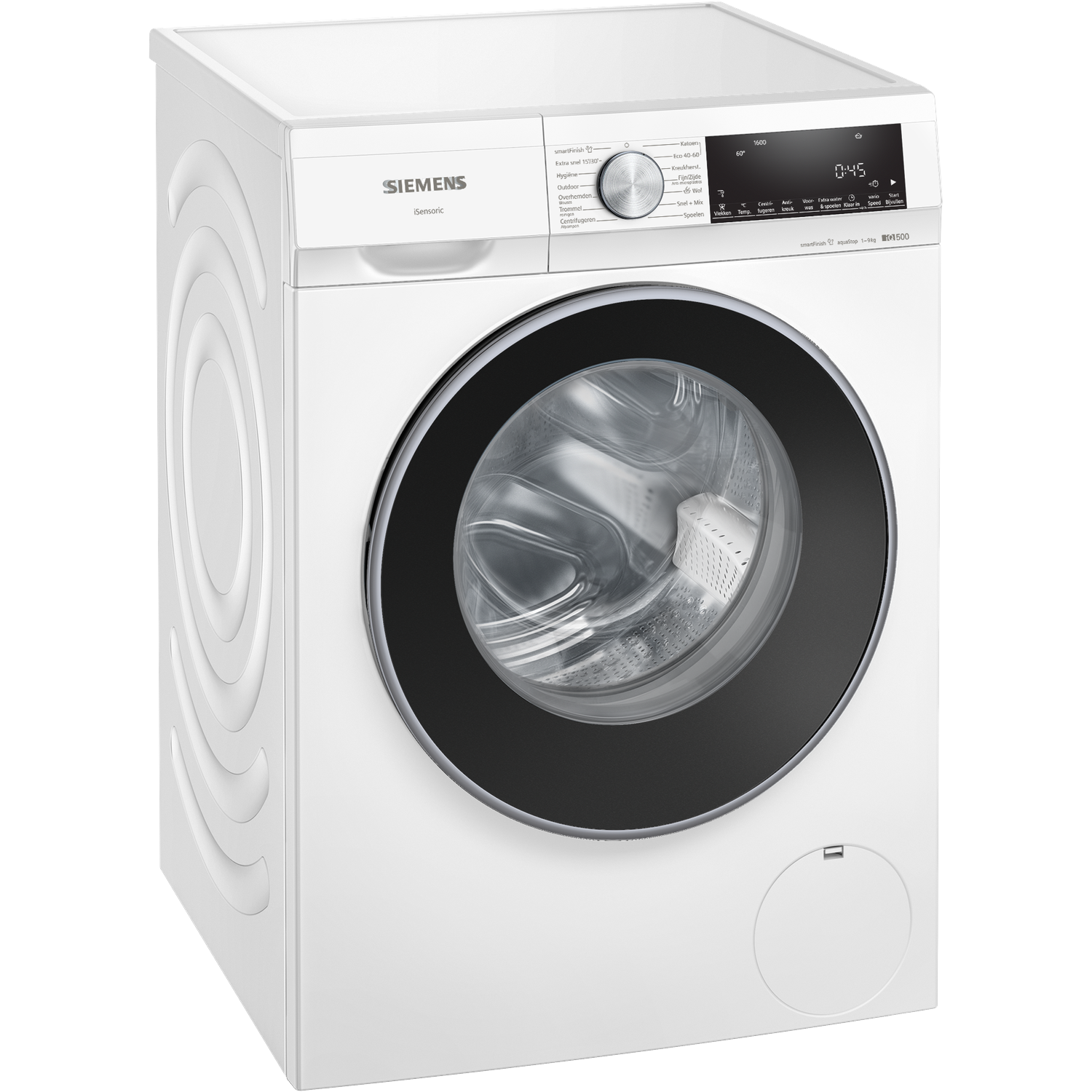 A white Siemens washing machine with a black door. It has control panels and a digital display showing time.