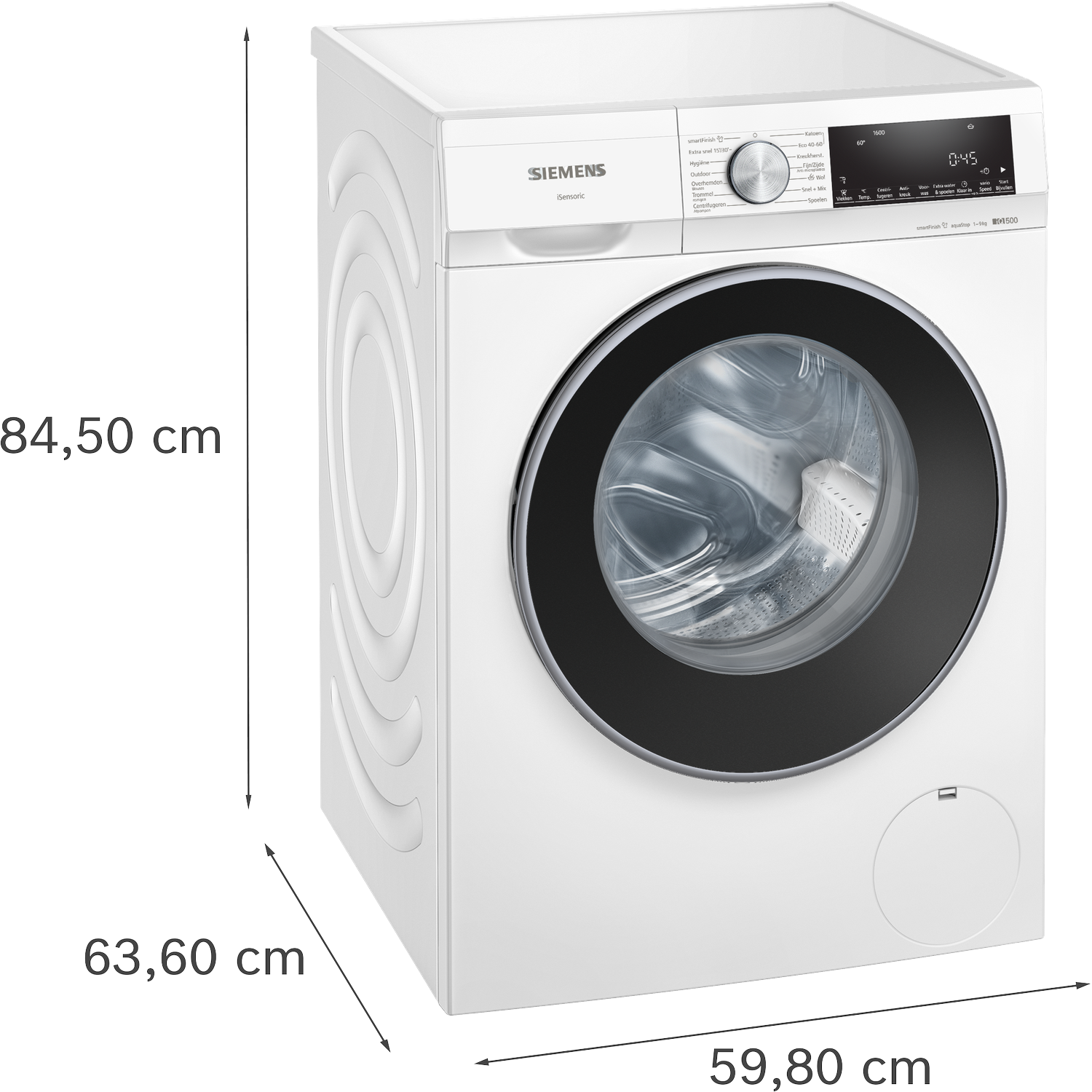 A white Siemens washing machine with a black door. It has buttons and a digital display. Dimensions: 84.50cm x 63.60cm x 59.80cm.