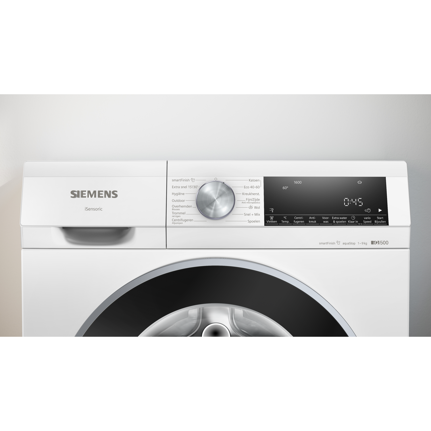 A white Siemens washing machine with a control panel and a digital display showing 0:45. A dial is on the left.