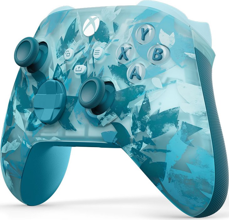 Mavi çiçek desenli Xbox kontrolcüsü. Düğmeler, joystickler ve bir yönlendirme paneli içerir. Renk şeması mavi ve turkuazdır.