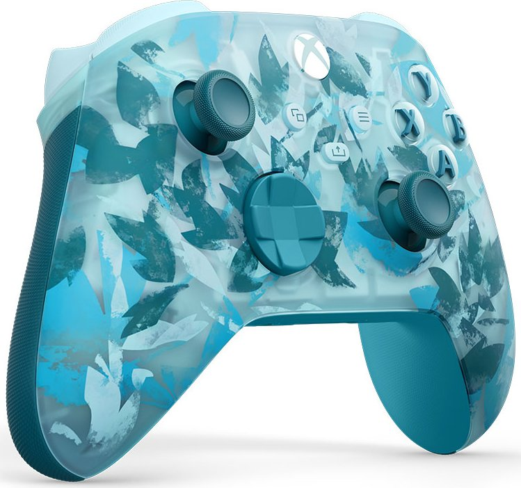 Mavi tonlarda yaprak desenli bir Xbox kontrolcüsü. Düğmeler, joystickler ve Xbox logosu bulunur.