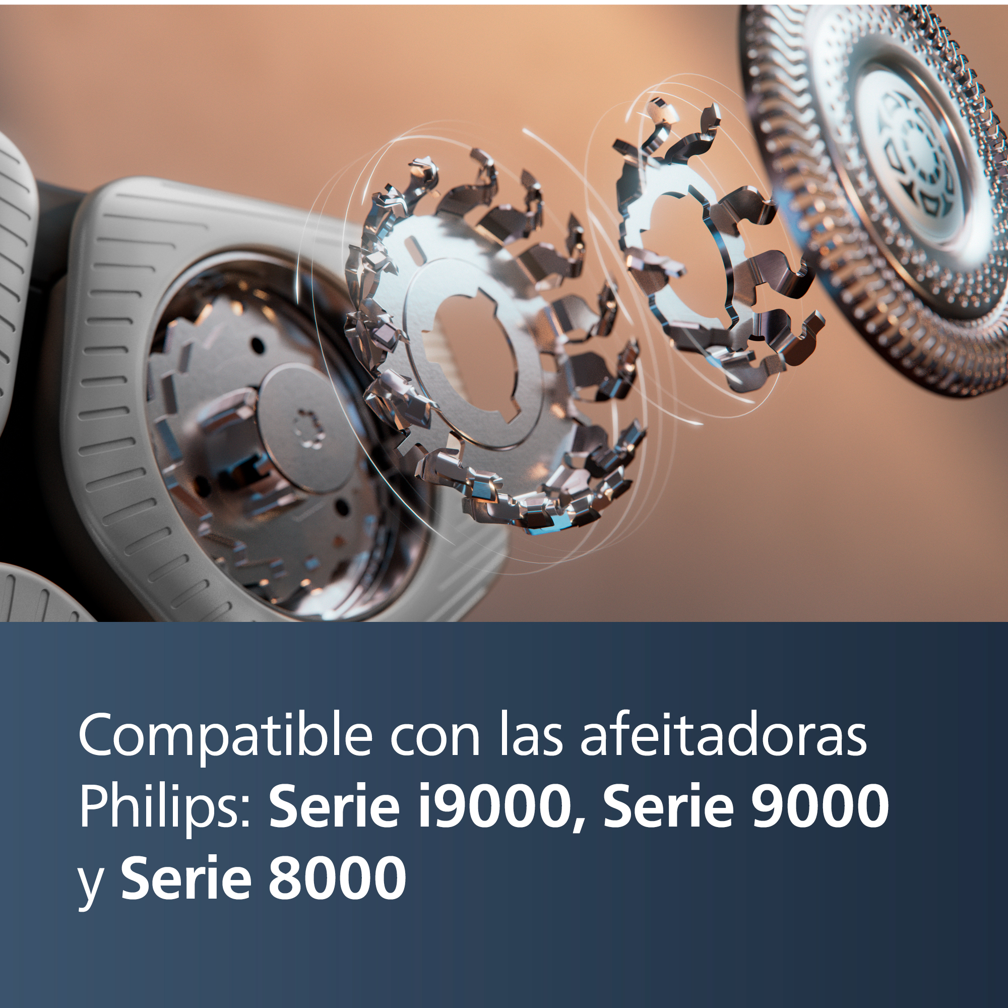 Primer plano de un cabezal de afeitadora con elementos de corte. Texto: Compatible con afeitadoras Philips i9000, 9000 y 8000.