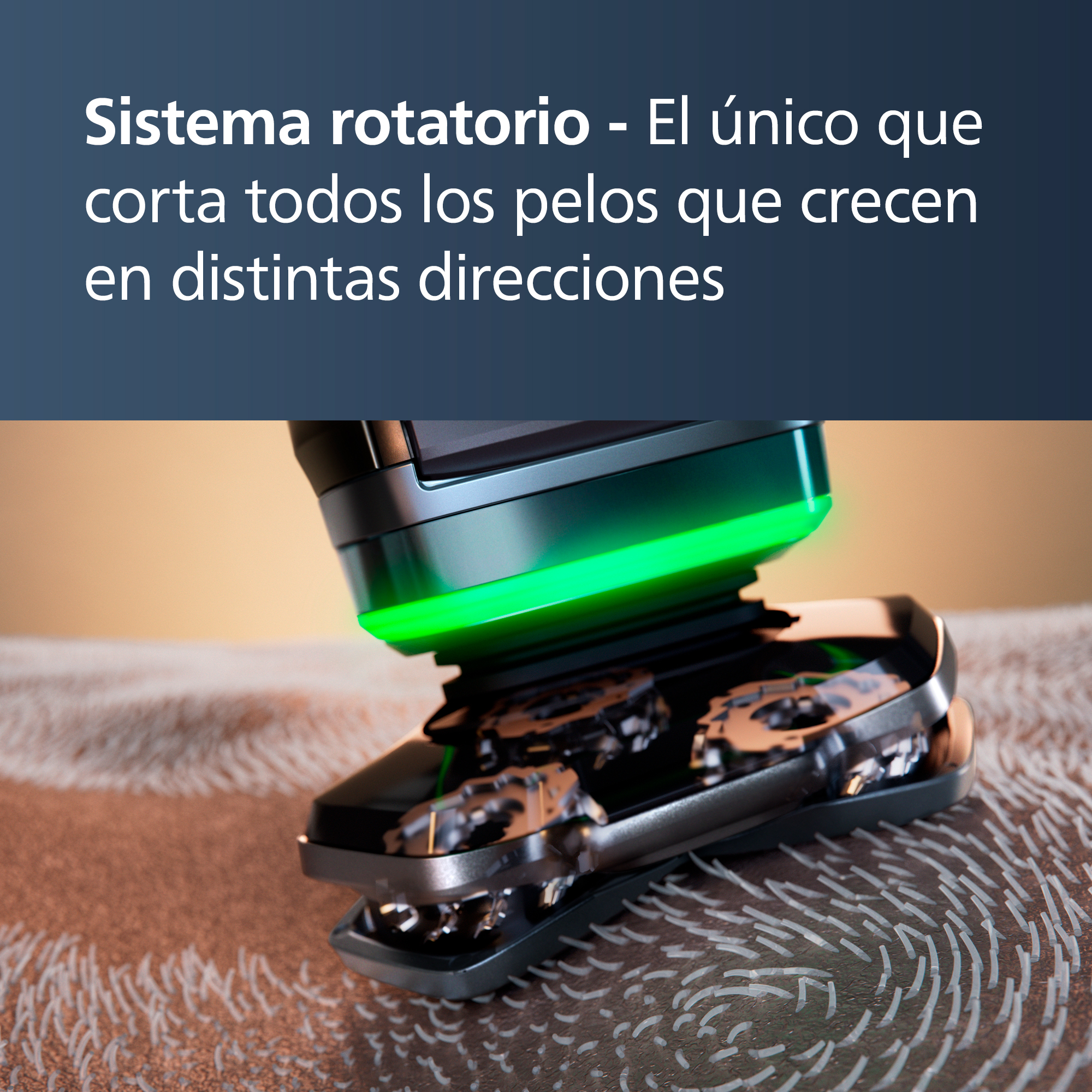 Primer plano de una afeitadora con luz verde. La afeitadora corta el pelo sobre una superficie texturizada.