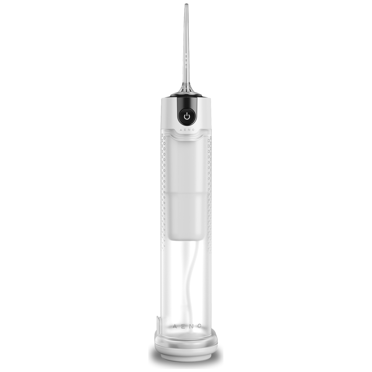 A white oral irrigator with a long, clear nozzle. It has a power button and a clear water reservoir. The brand name is AENO.