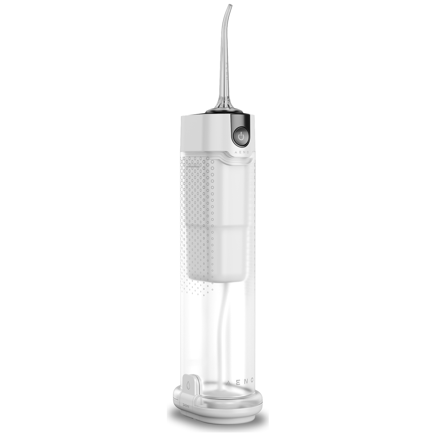 A white and transparent oral irrigator, with a curved nozzle on top. It has a power button and brand name on the body.
