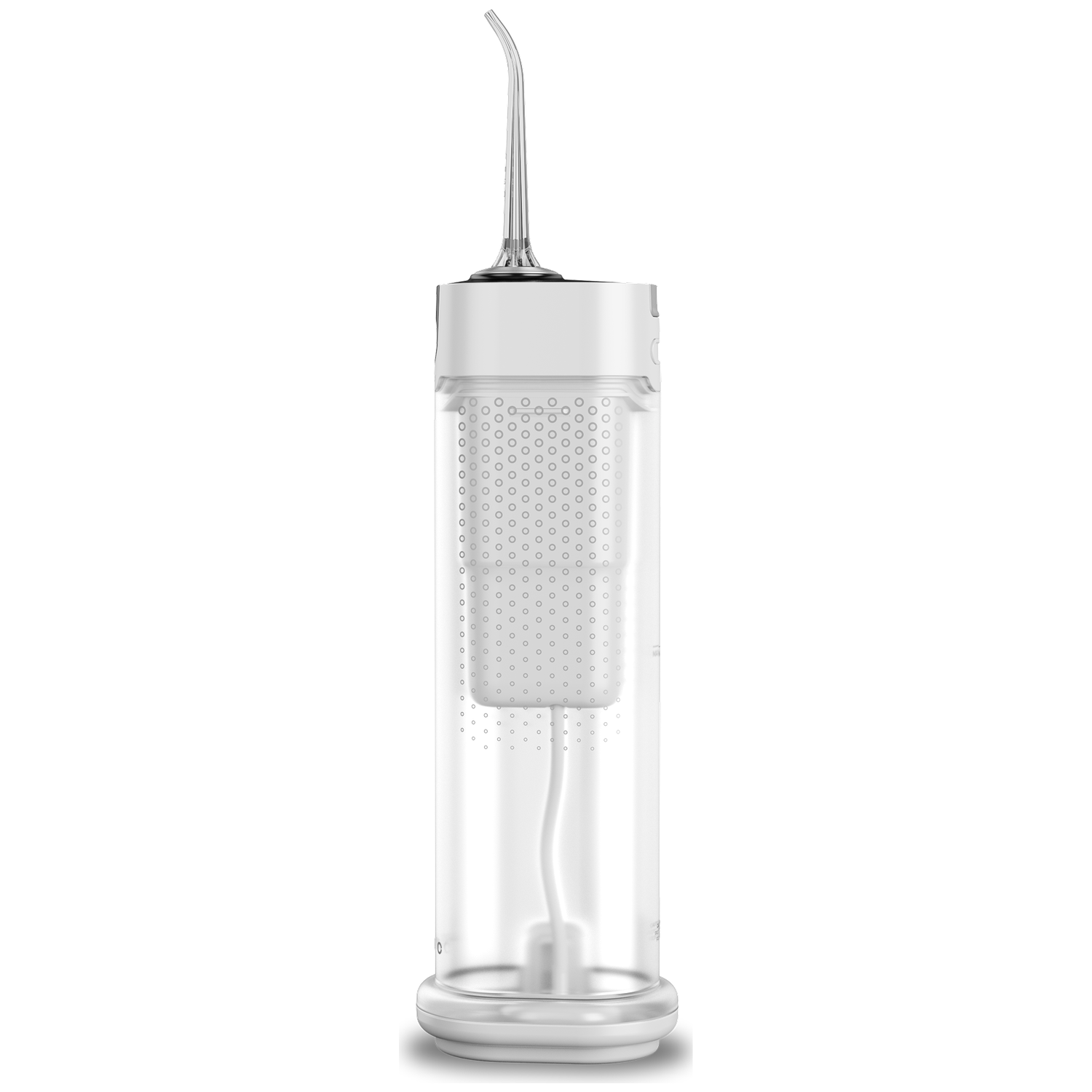 A white and transparent oral irrigator. It has a curved tip, a water tank, and a base. The tank features small holes.