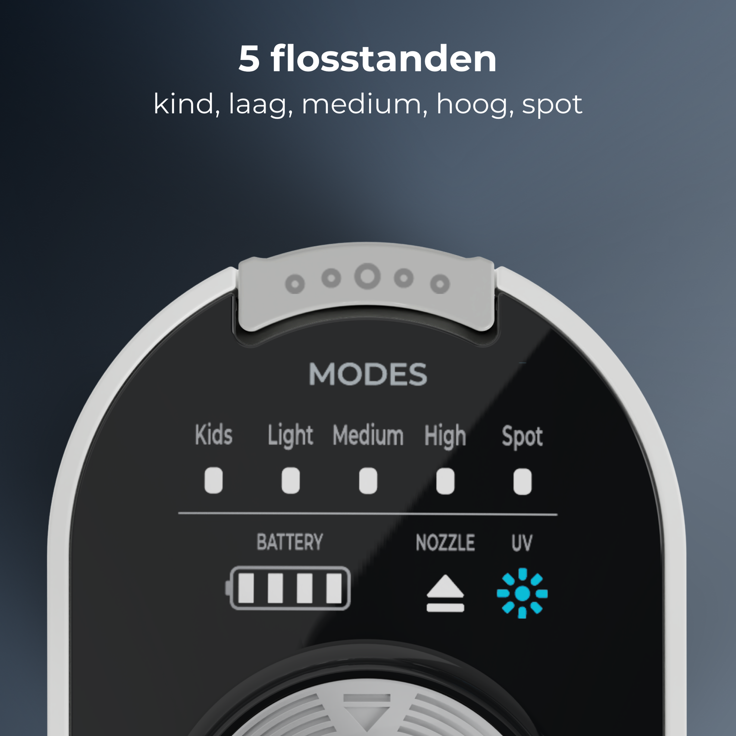 Close-up of a device's control panel. It displays modes like Kids, Light, Medium, High, and Spot. Also shows battery, nozzle, and UV indicators.