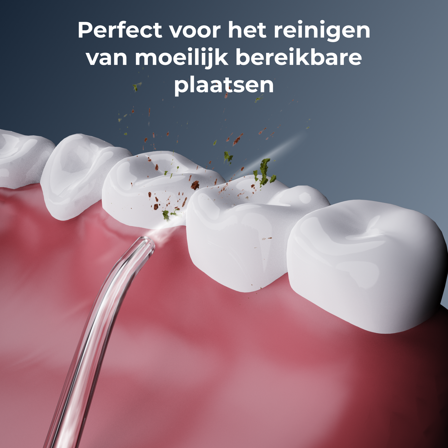 Teeth cleaning with a water flosser. White teeth and pink gums are shown, with debris being removed. Text at the top says: Perfect for cleaning.