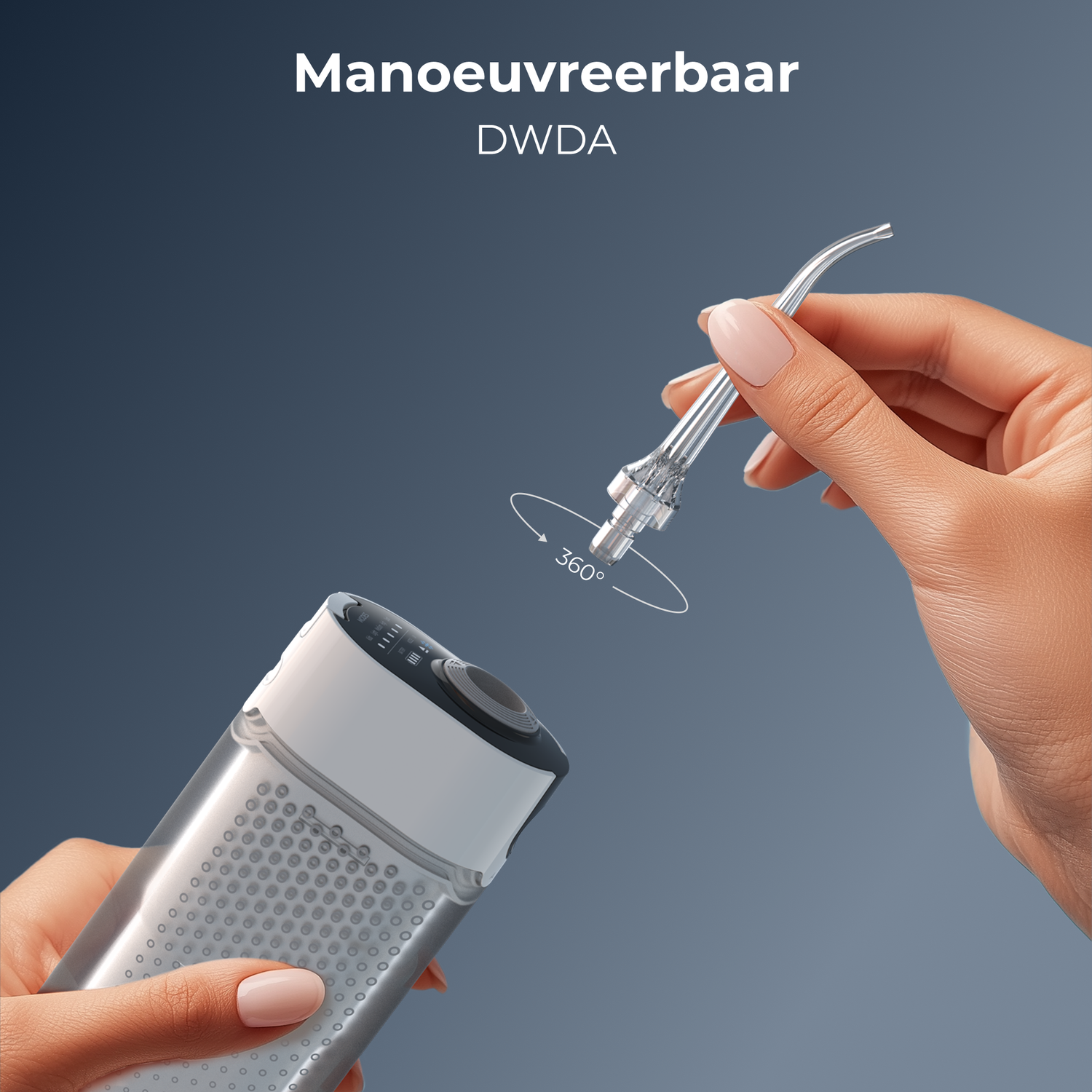 A person holds a dental irrigator tip above the device. The tip is silver and transparent. The device is white and transparent.