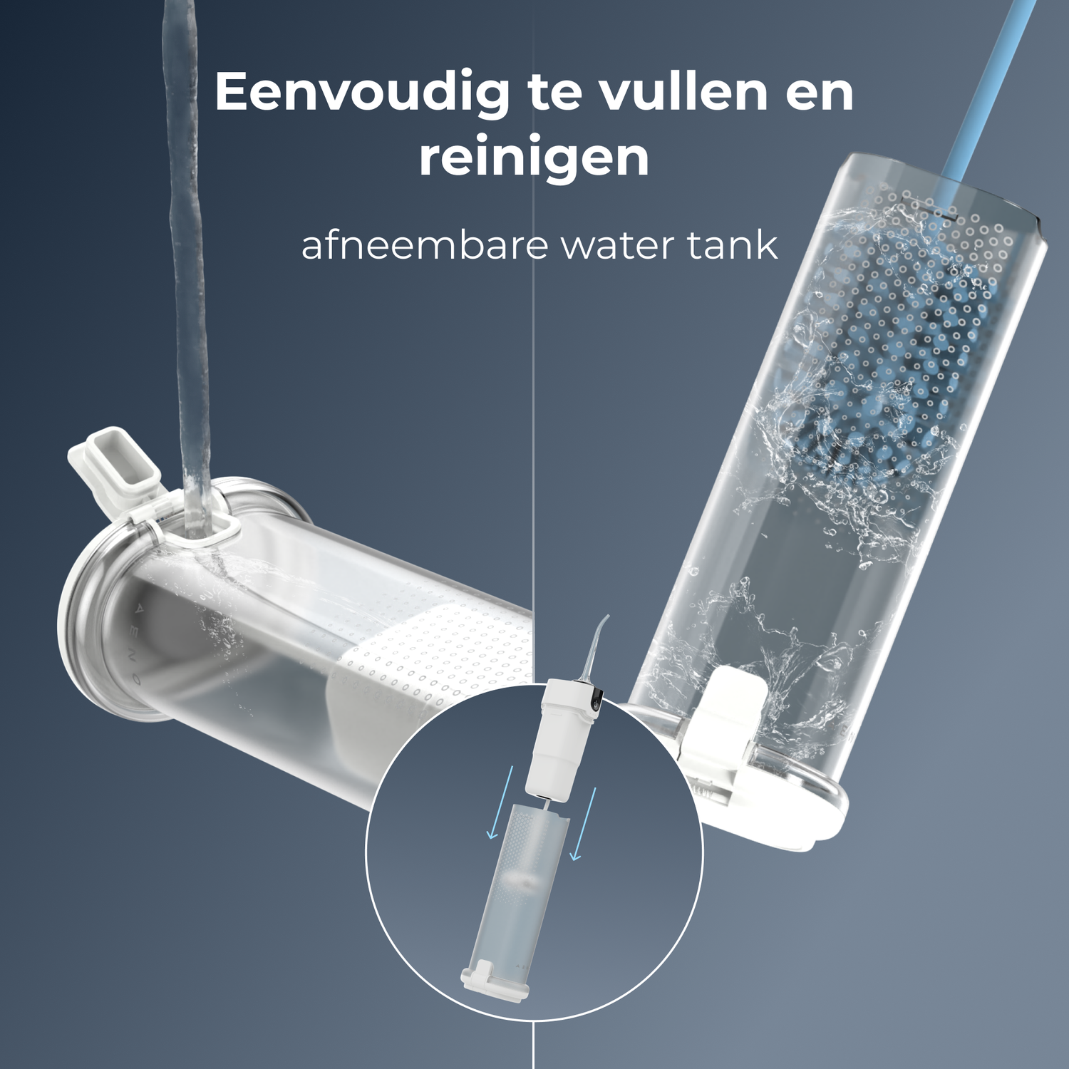 Image shows a water tank being filled with water. The text indicates that it is easy to fill and clean. A smaller part is detached.