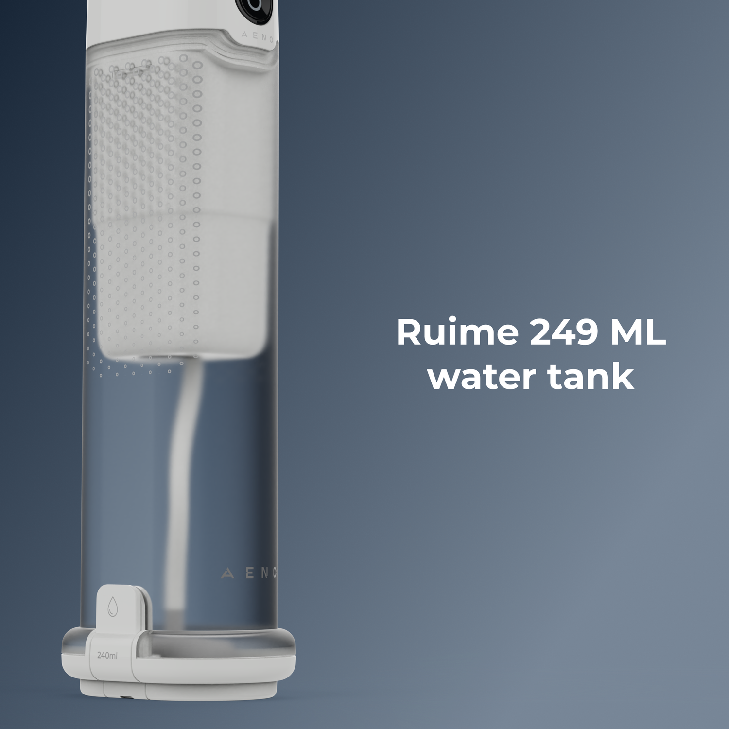 A clear water tank labeled 'Ruime 249 ML water tank'. It is white and transparent, with water inside. The background is gray.