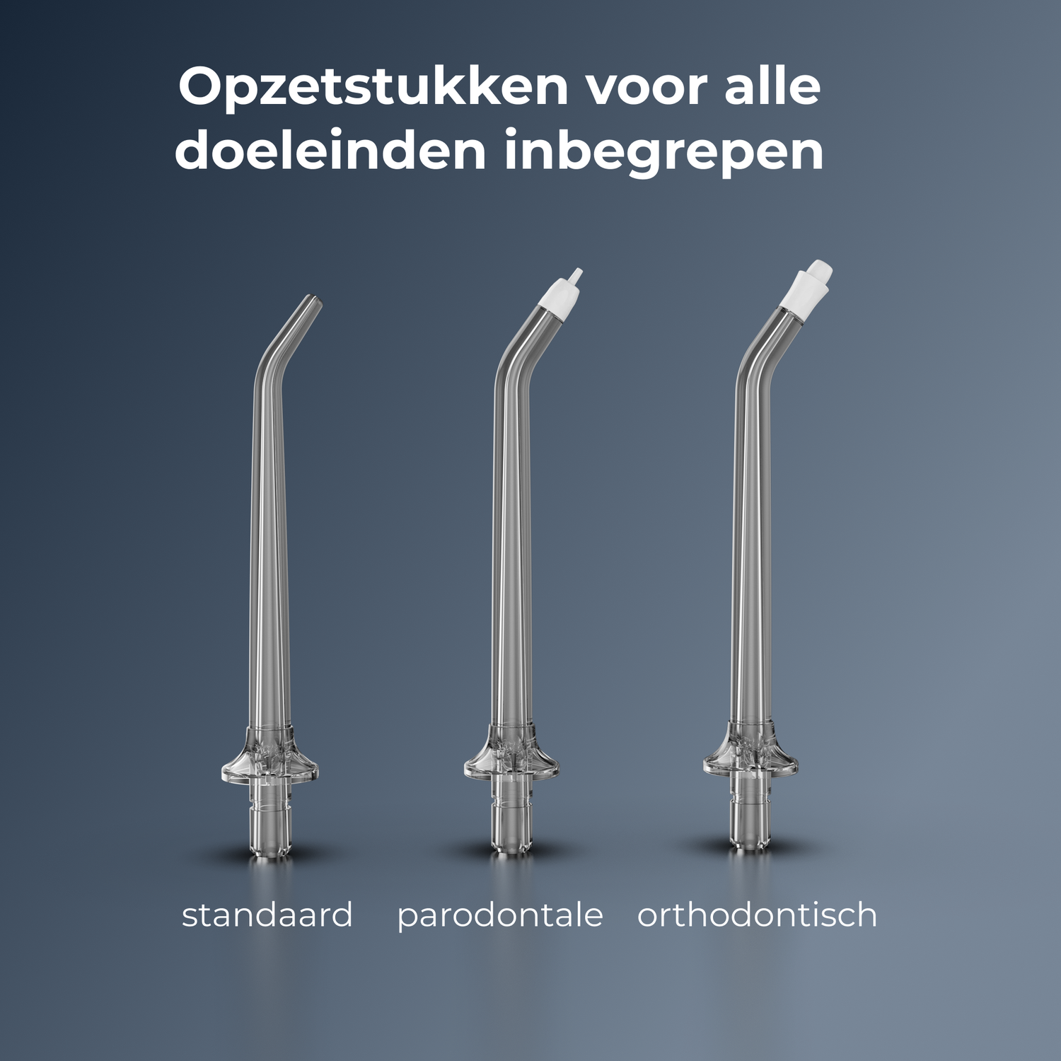 Three dental irrigator tips on a blue background. Text in Dutch says 'Attachments for all purposes included', and labels below.