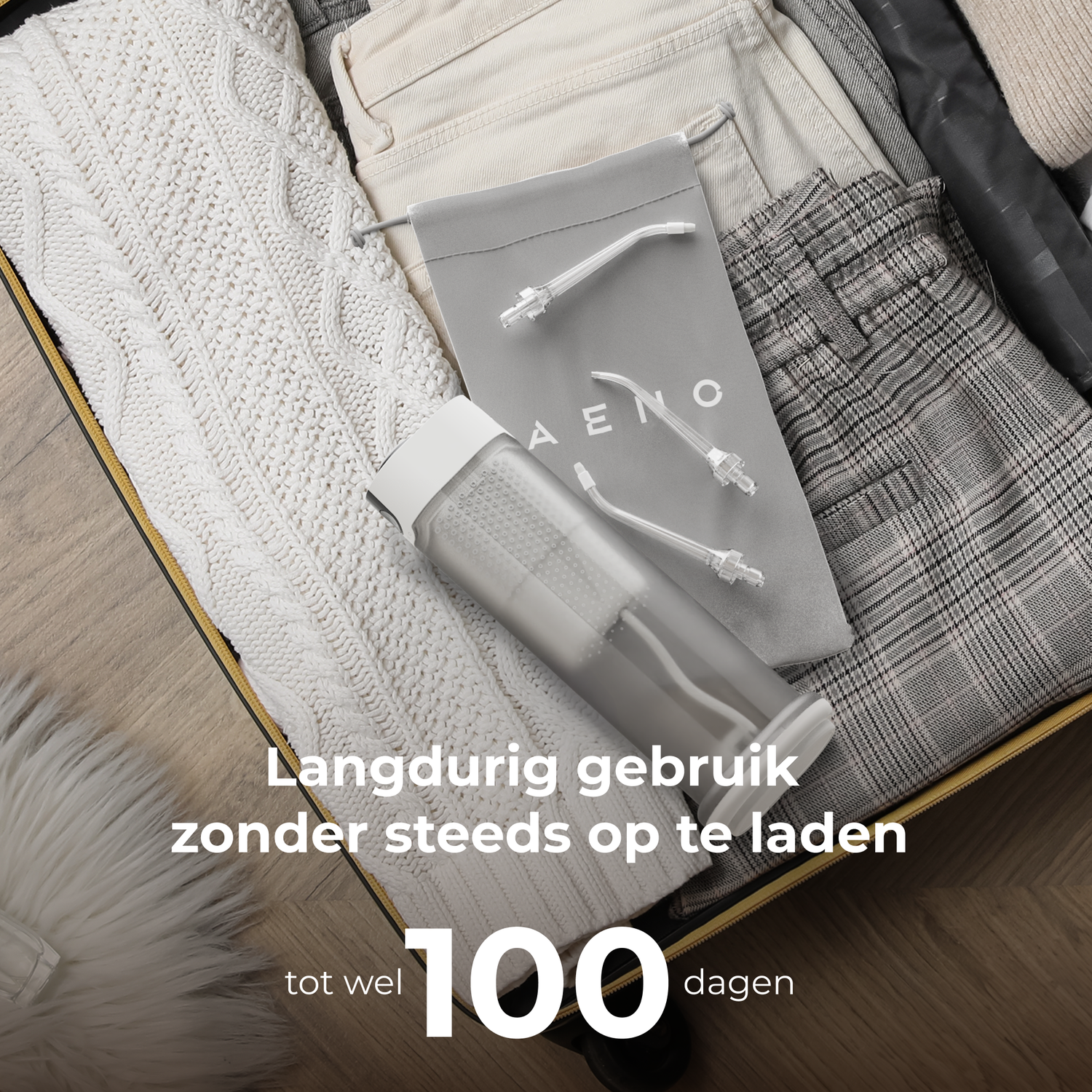 A suitcase filled with clothes and a dental product. Text says 'Up to 100 days'.