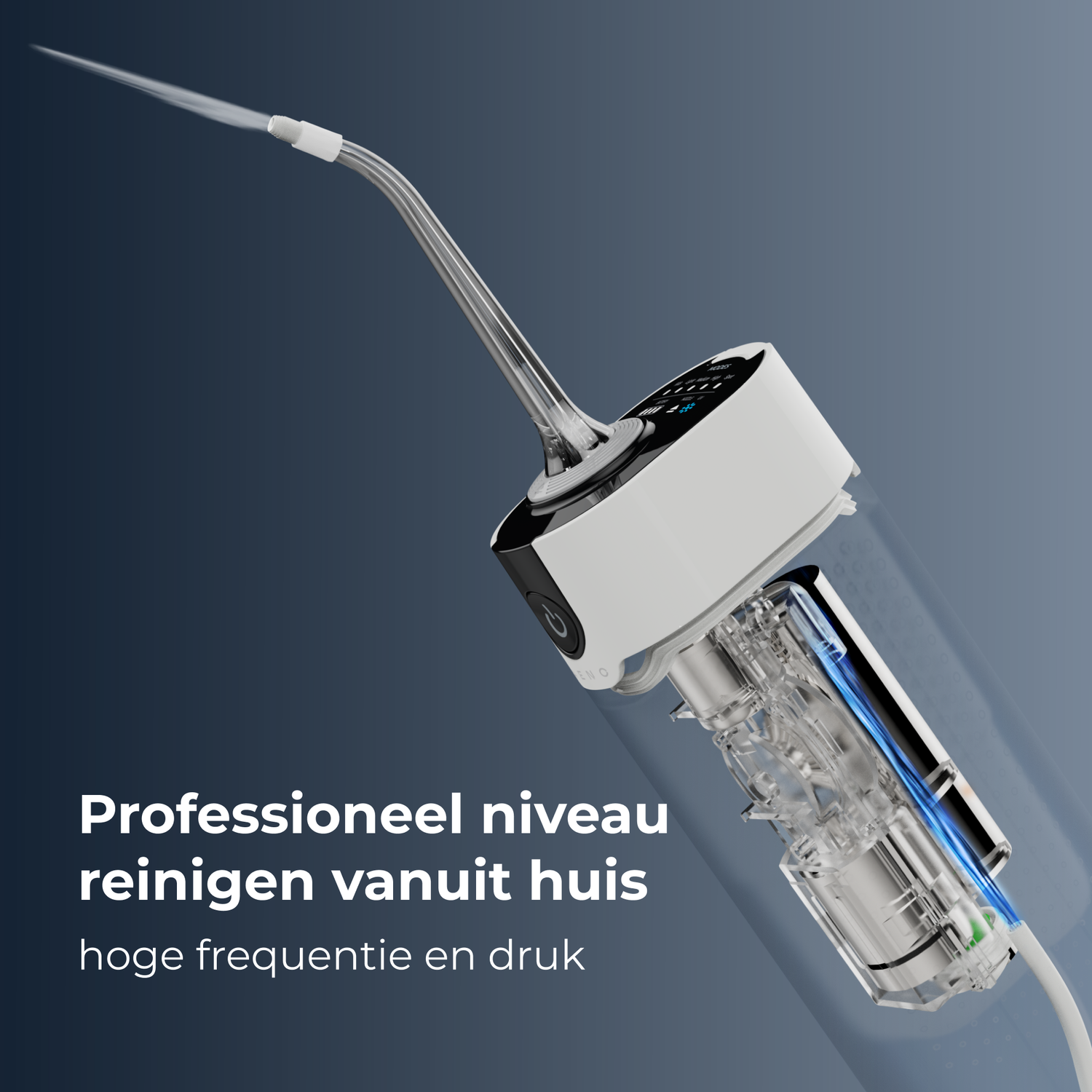 A white and transparent dental water flosser is shown, spraying water against a dark blue background. Text at the bottom reads, 'Professional cleaning at home.'