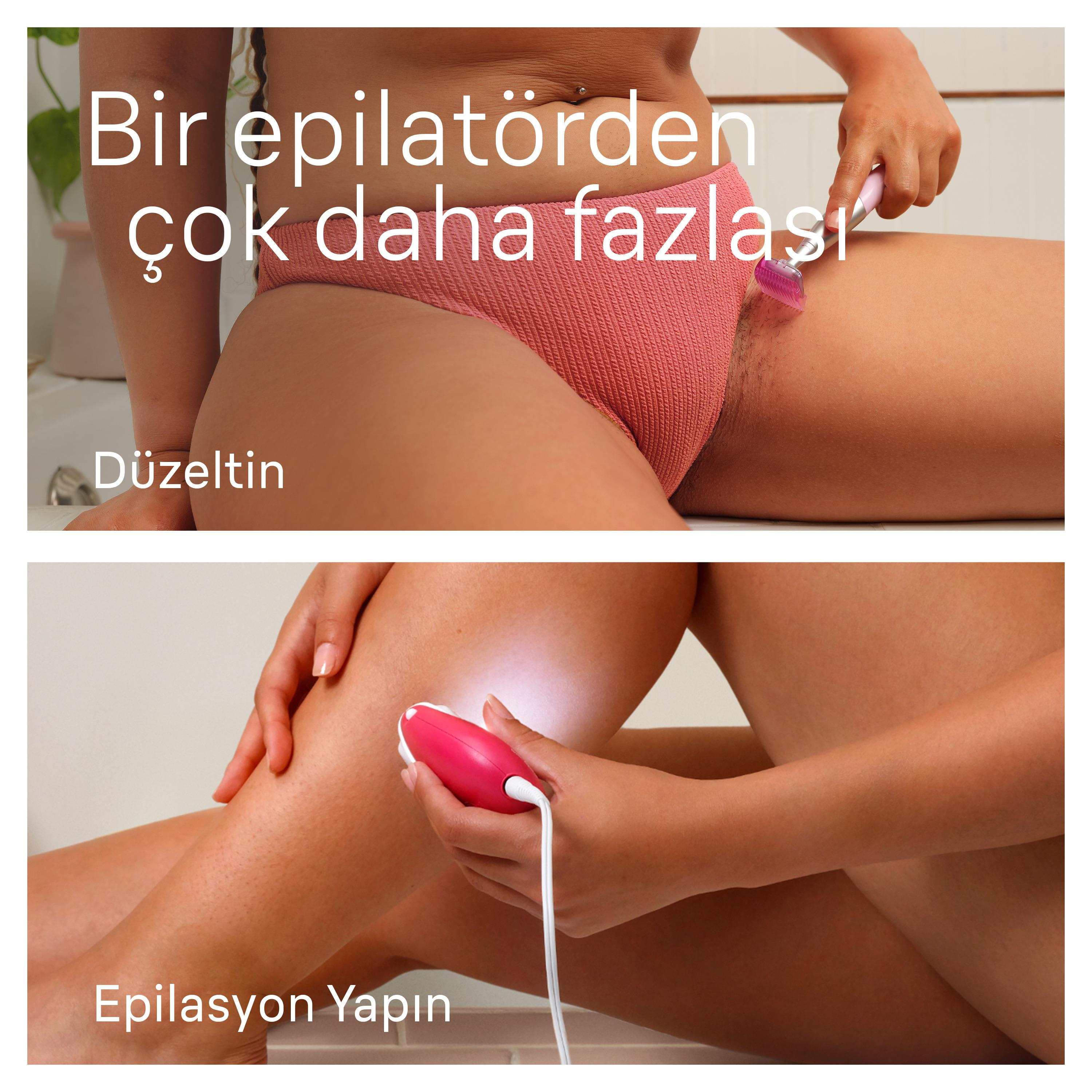 Görsel iki bölüm gösteriyor: bacak tıraşı ve epilatör kullanımı. Biri tıraş bıçağıyla tıraş olurken diğeri epilatör kullanıyor.