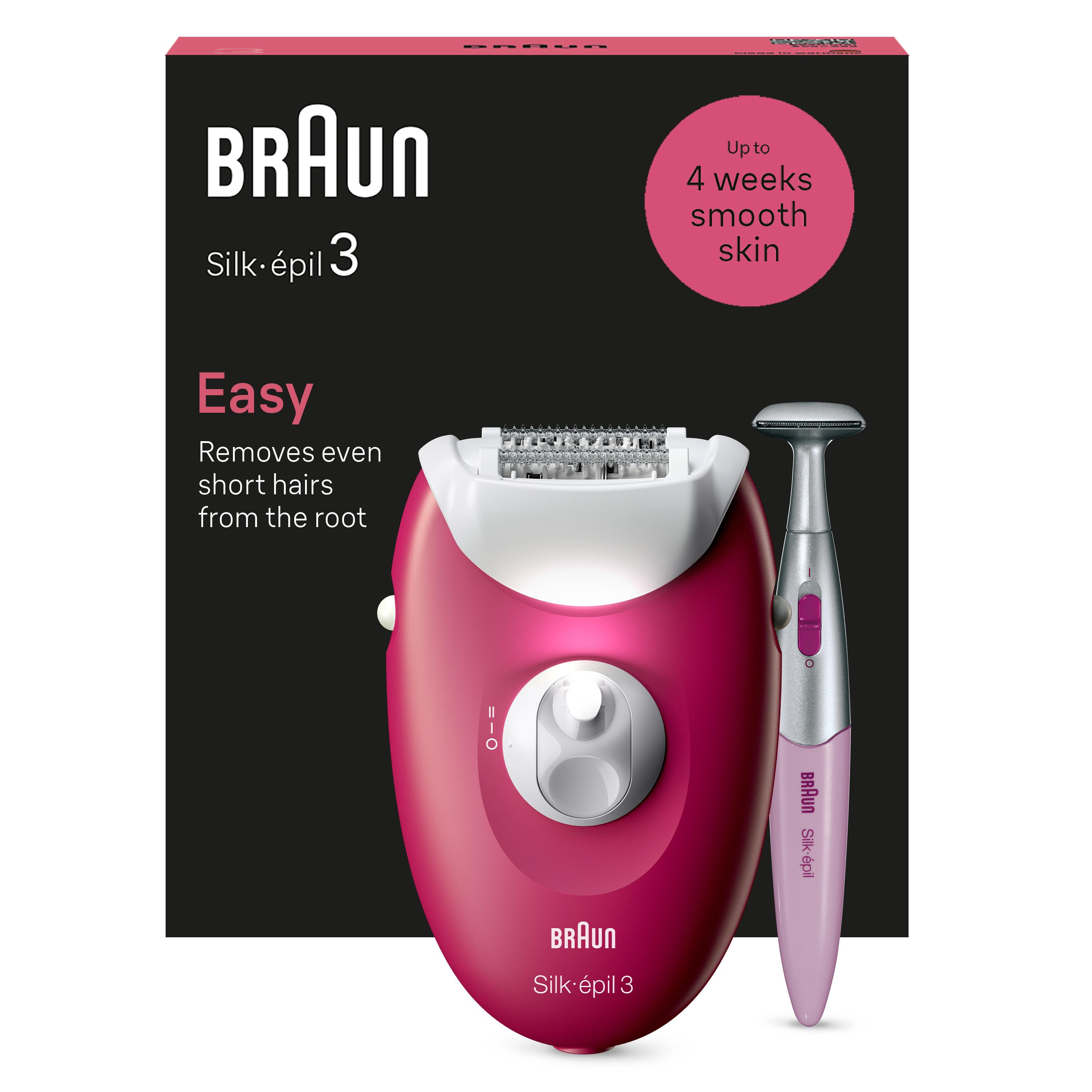 Görsel, siyah beyaz arka planda pembe bir Braun Silk-épil 3 epilatör ve bir düzeltici gösteriyor.