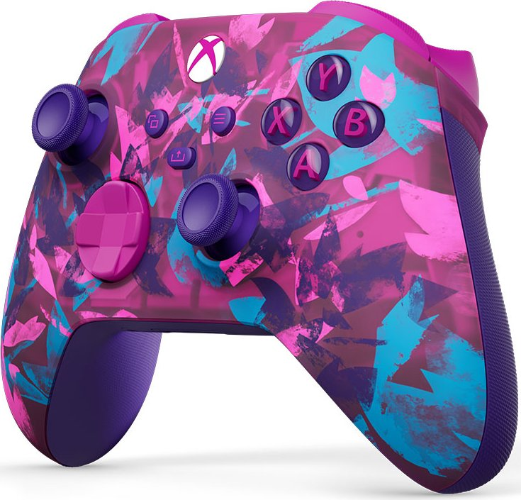Pembe, mavi ve mor soyut tasarımlı bir Xbox kumandası. Mor renkli çubukları, düğmeleri ve bir yön tuşu vardır. Xbox logosu beyazdır.