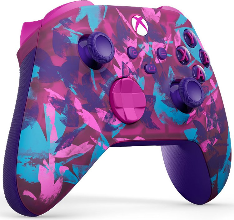 Pembe, mor ve turkuaz soyut tasarımlı Xbox kontrolcüsü. Düğmeler, joystickler ve Xbox logosu içerir. Arka plan beyaz.