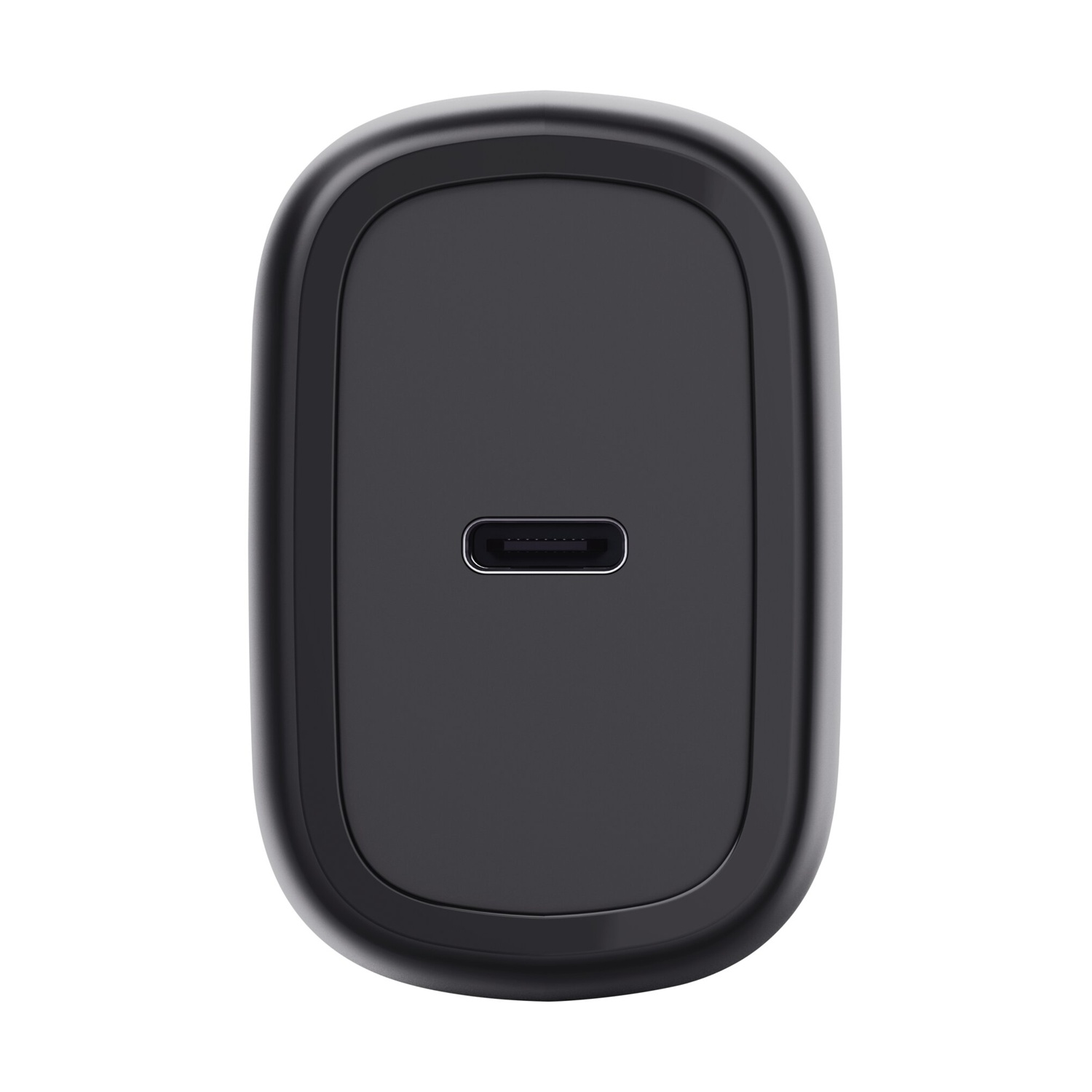Un caricabatterie nero rettangolare con bordi arrotondati. Ha una porta USB-C al centro. Lo sfondo è bianco.