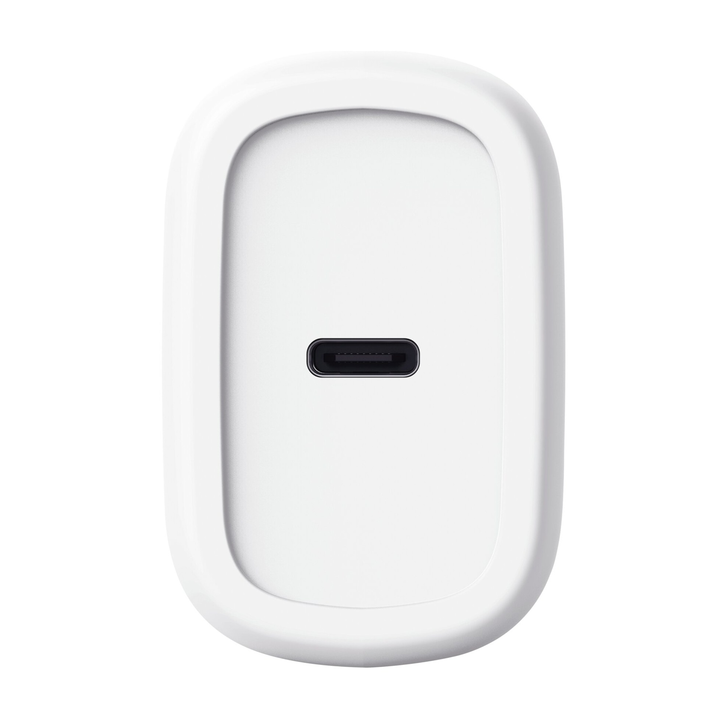 Un rettangolo bianco arrotondato con una porta USB-C nera centrata. Il caricatore ha un design minimalista con bordi lisci.