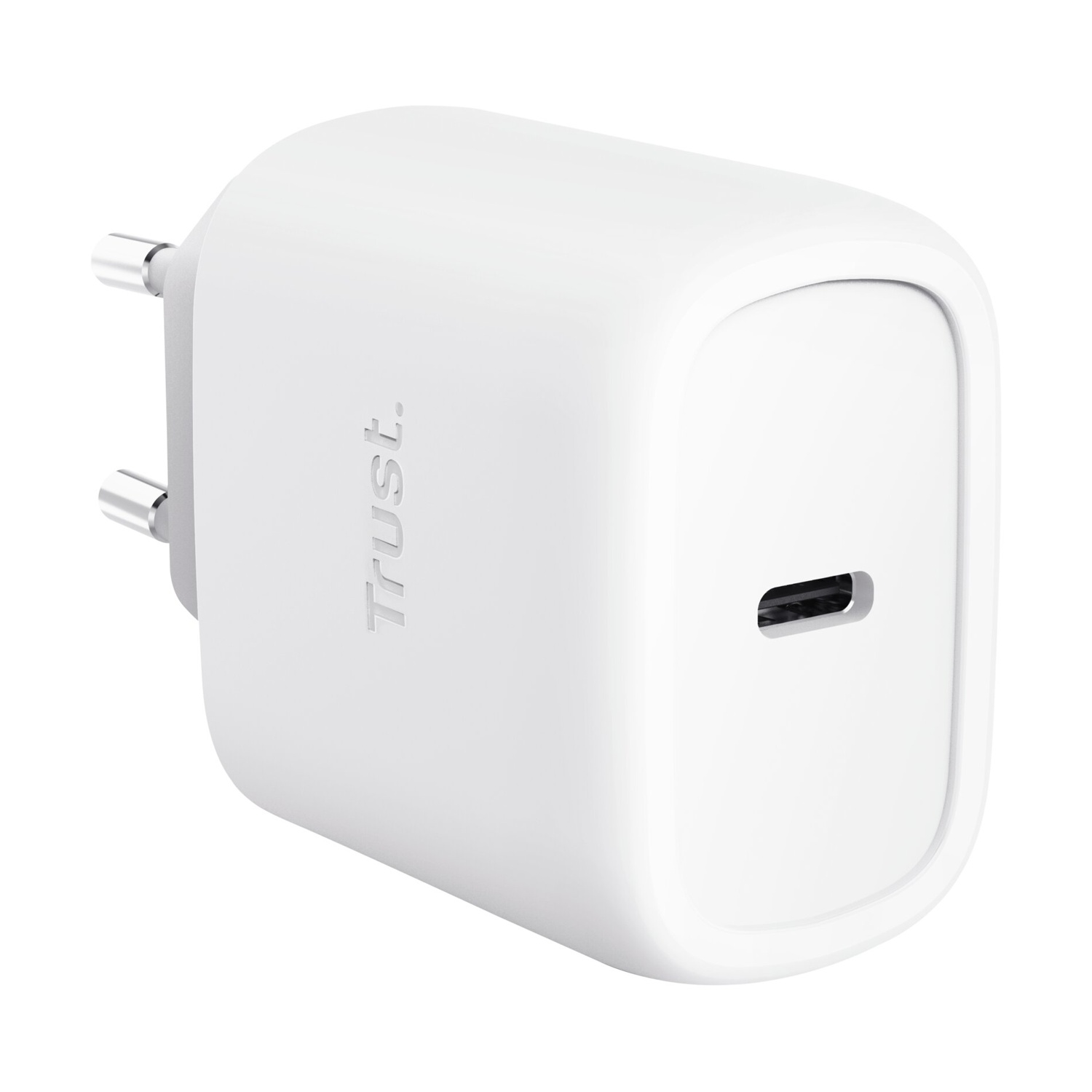 Un caricabatterie da parete USB-C Trust bianco con due pin argentati e una porta USB-C. Lo sfondo è bianco.