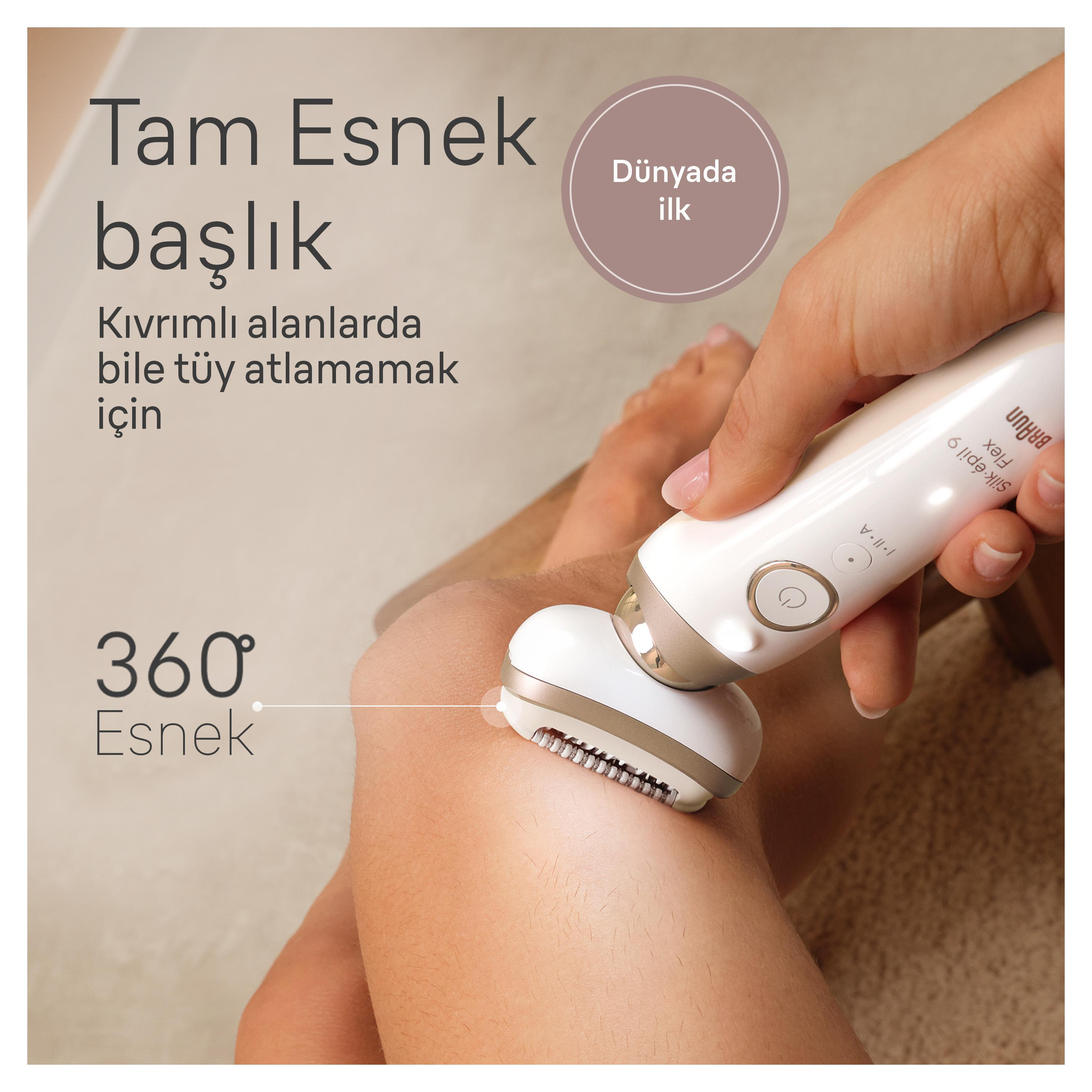 Bir kişi beyaz bir Braun epilatör ile bacağını tıraş ediyor. Türkçe metin, ürünün esnekliğini ve özelliklerini duyuruyor.