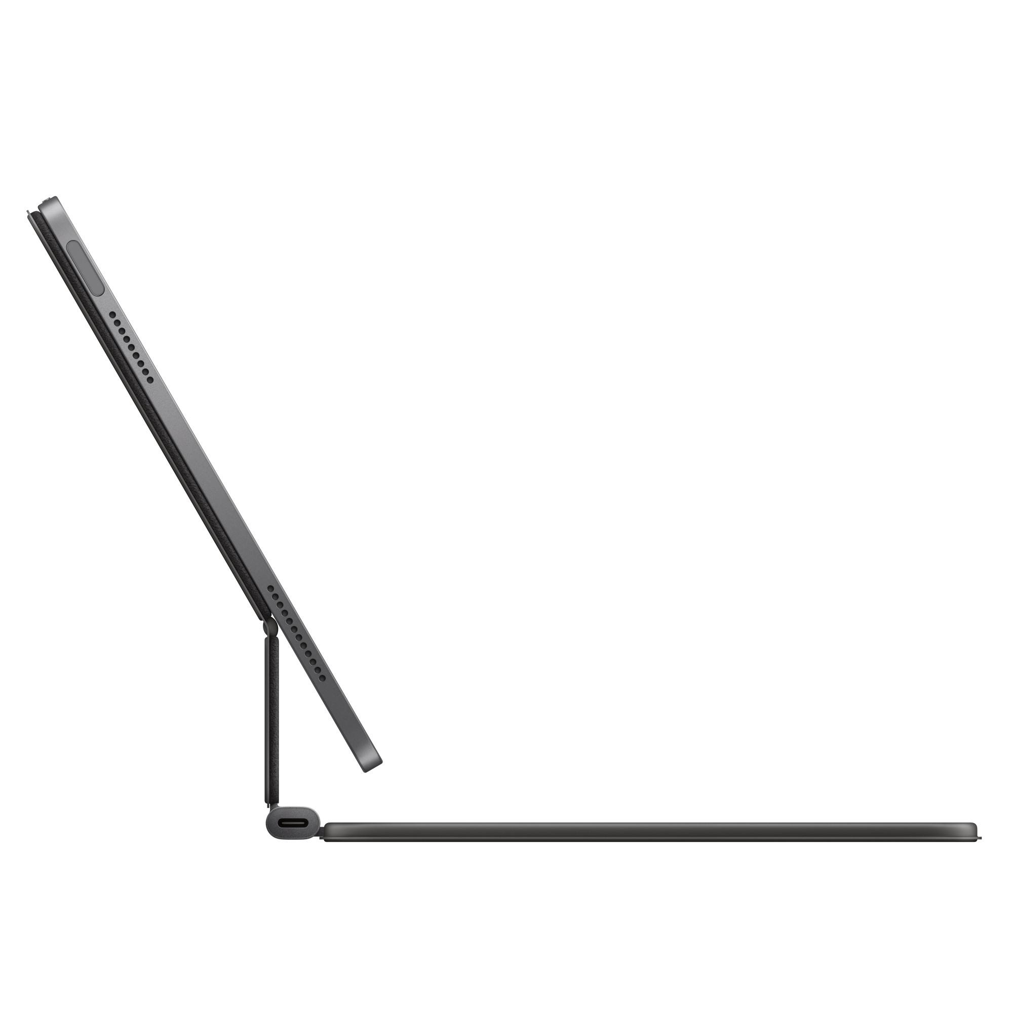 Graues Tablet mit Tastaturhülle, aufgestellt, Seitenansicht. Die Hülle ist über ein Scharnier verbunden und hat einen USB-C-Anschluss.