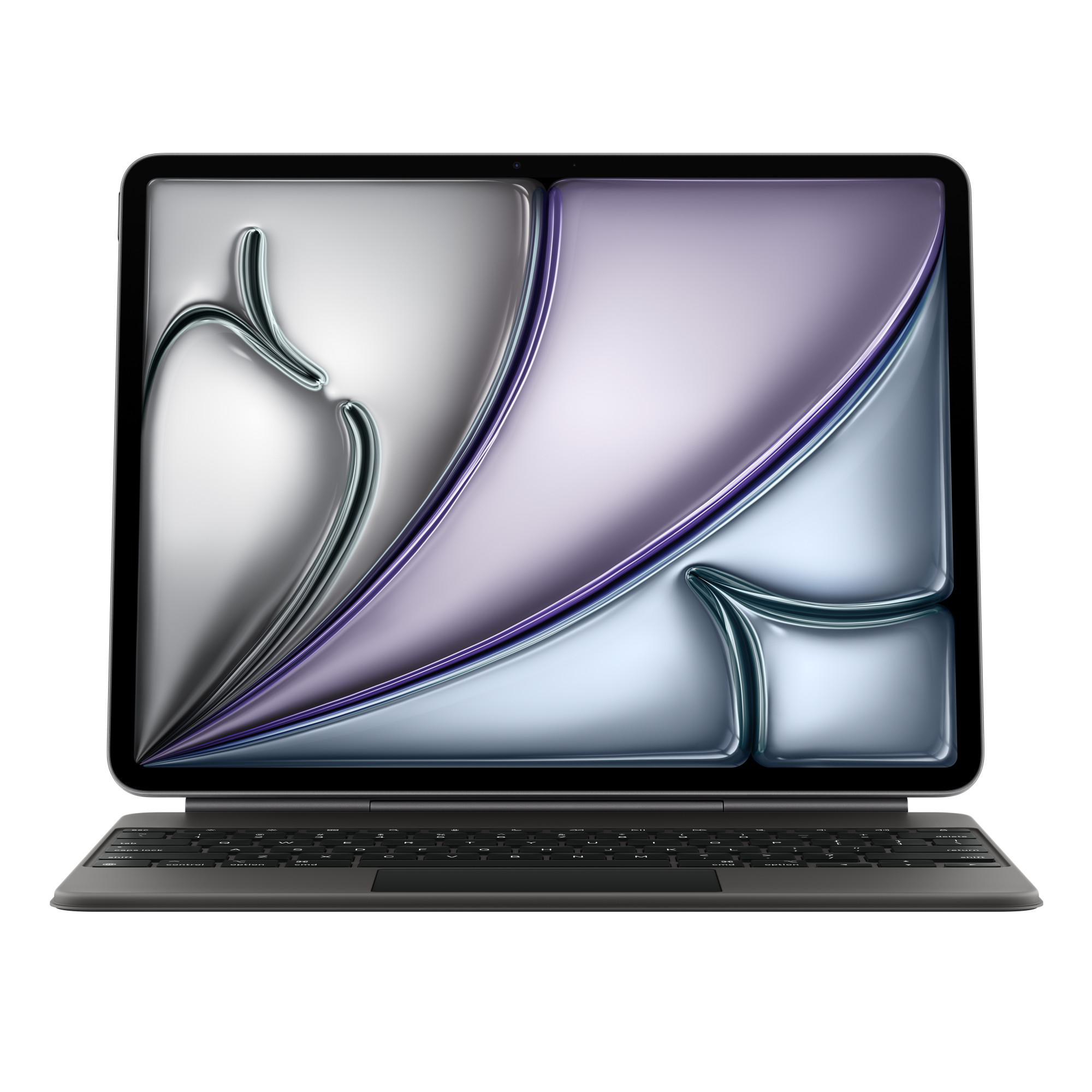 Tablet mit Tastatur. Der Bildschirm zeigt ein metallisches, abstraktes Design in Silber, Lila und Blau.