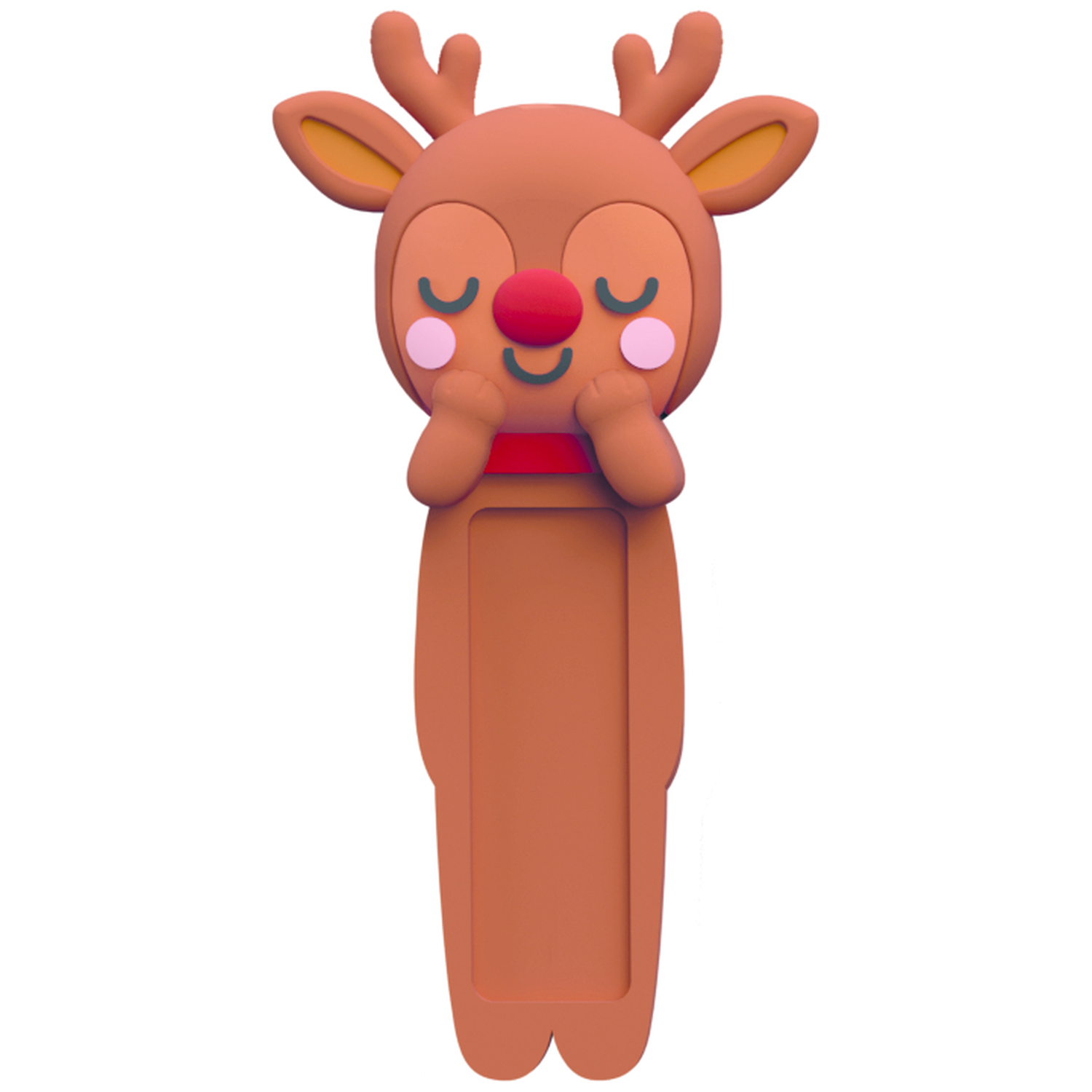 A 3D cartoon reindeer bookmark. It has closed eyes, a red nose, and a red scarf. The background is white.