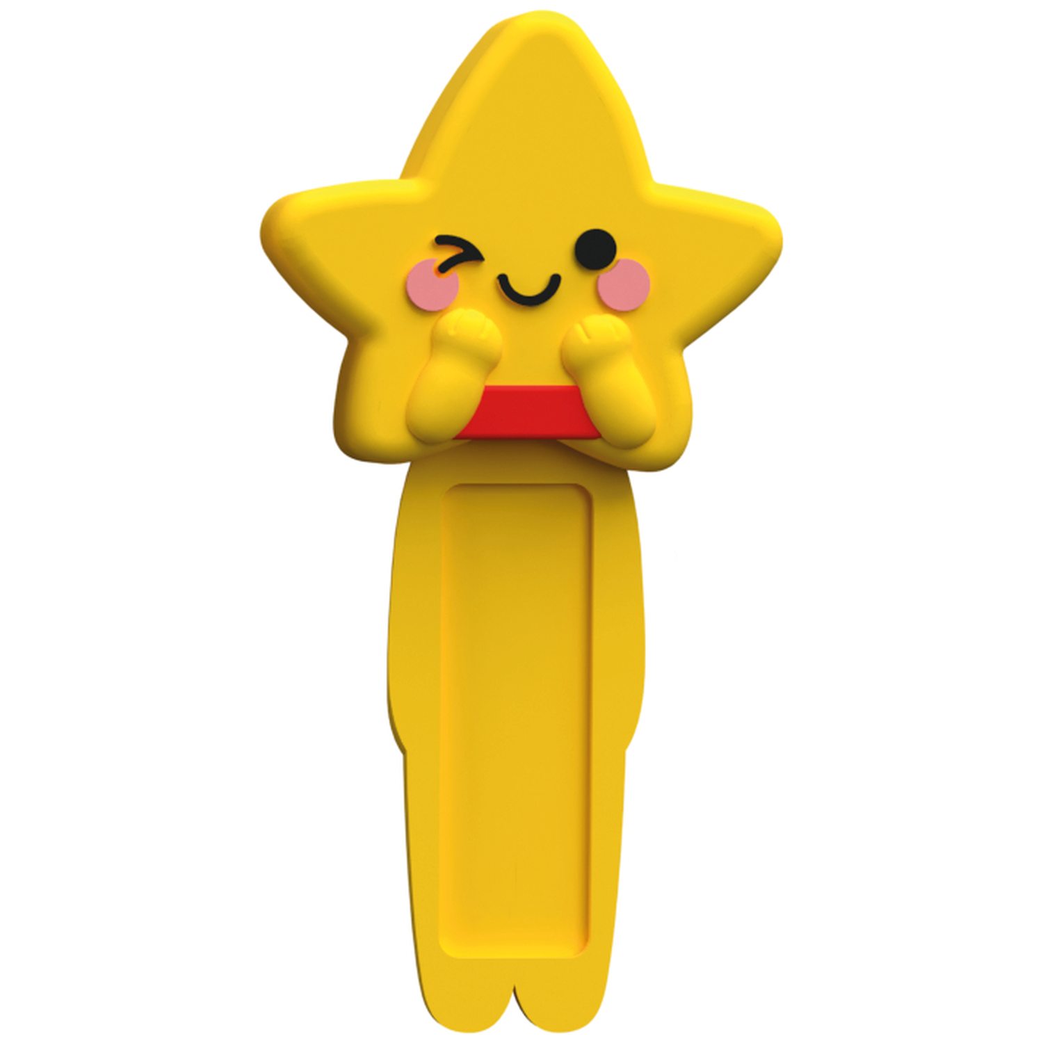 A yellow star-shaped bookmark with a smiling face, pink cheeks, and a red band. The bottom is a rectangle with two feet.