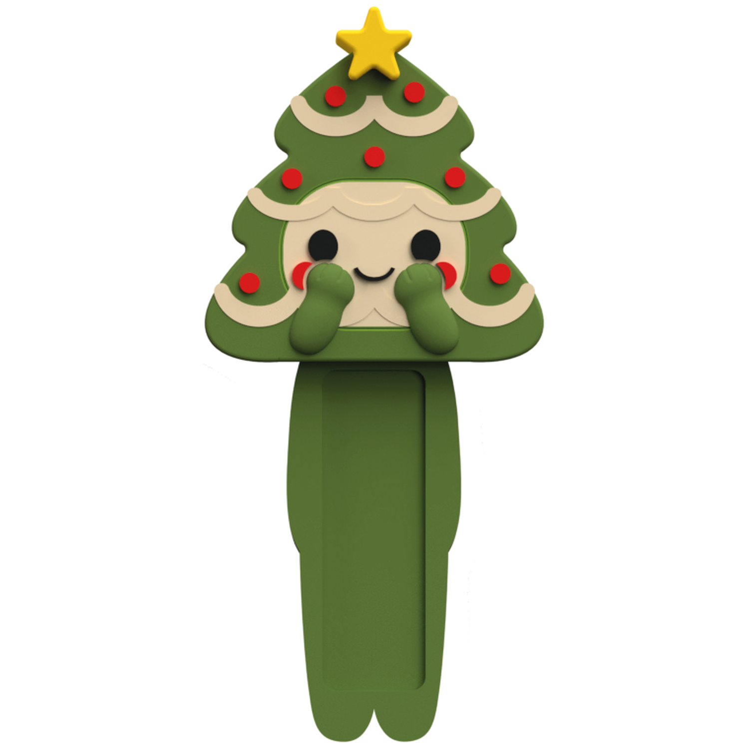 A Christmas tree-shaped bookmark with a face and a yellow star on top. Green and red colors. Cute design.
