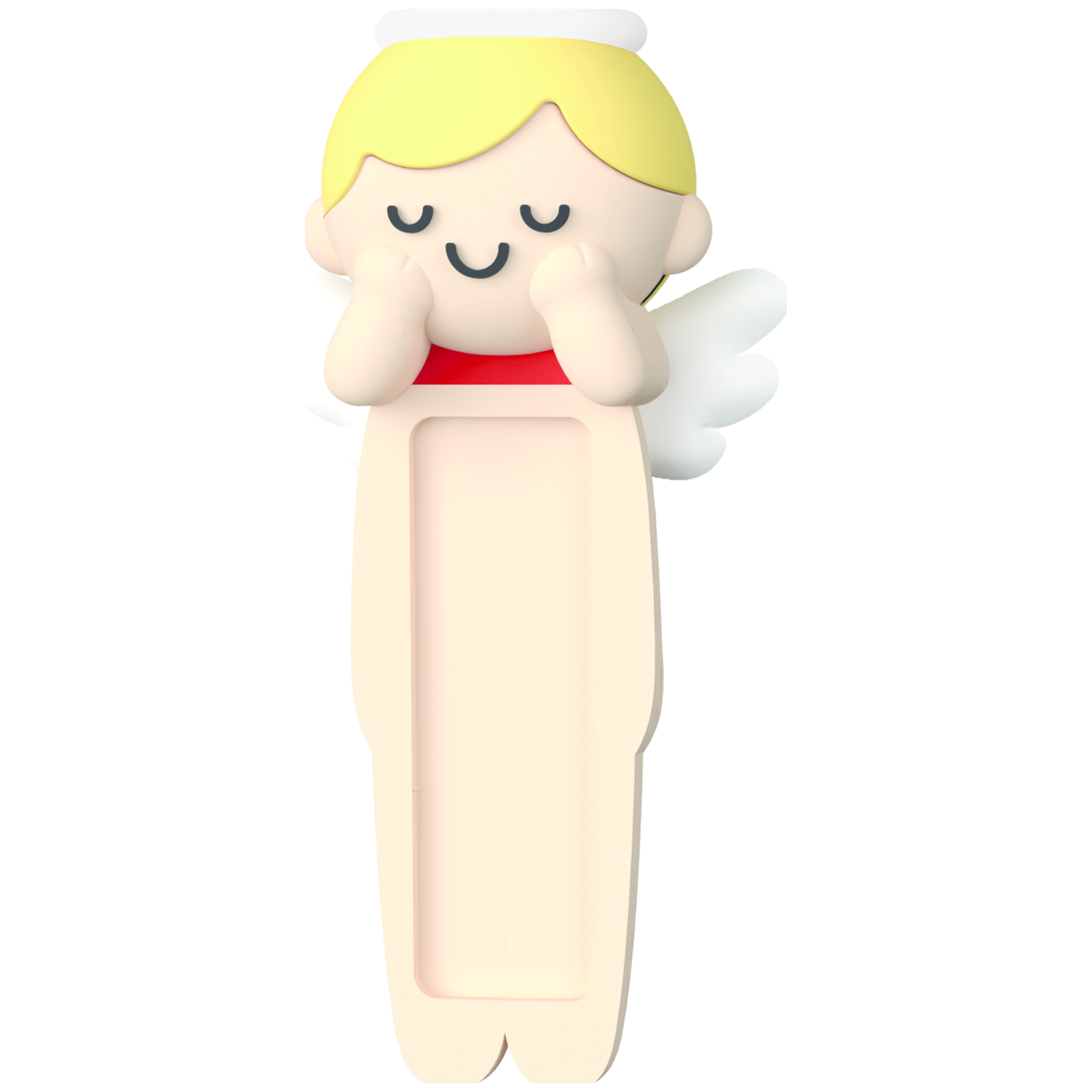 A cartoon angel with blonde hair, a red collar, and white wings. The angel is holding its face with its hands.