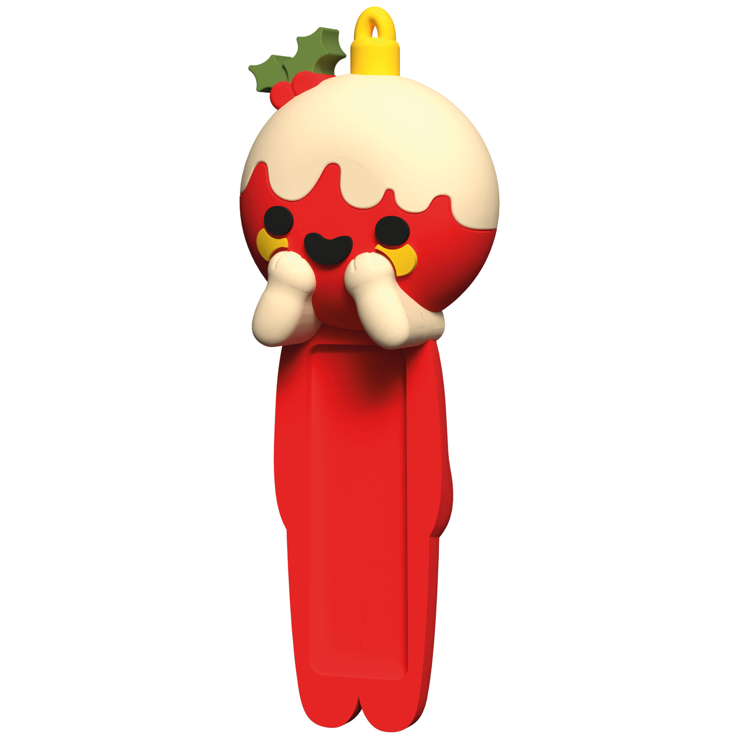 A red Christmas ornament character with a white top, black eyes, and a happy face. It has a yellow loop and holly on top.