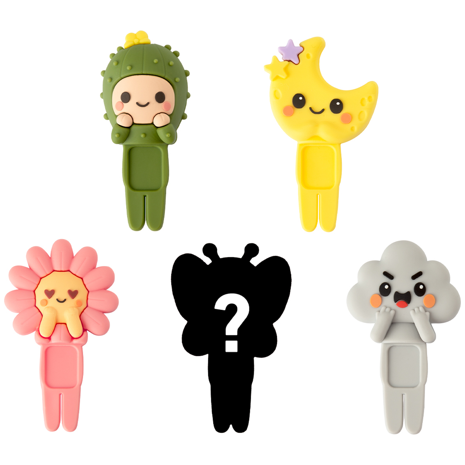 Five cartoon-like figures: a cactus, crescent moon, flower, butterfly silhouette with a question mark, and a cloud.