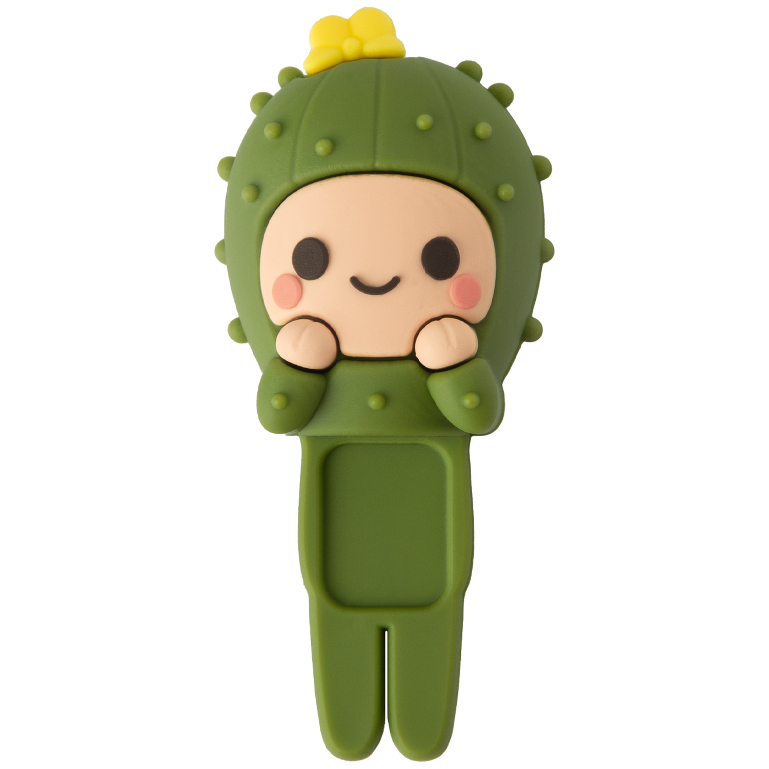 A green cactus-shaped object with a smiling face. It has a yellow flower on top and is on a white background.