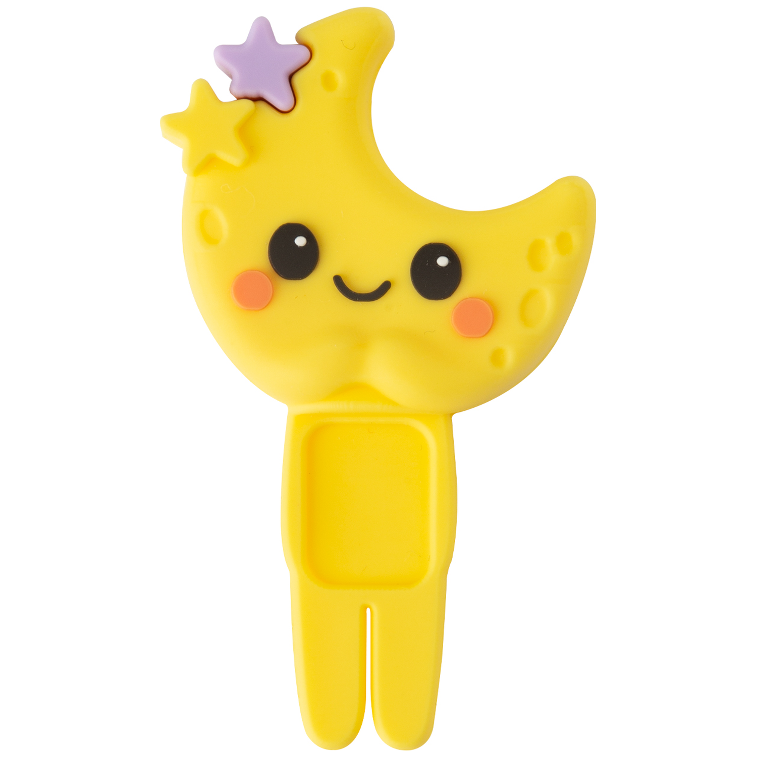 A yellow crescent moon toy with a smiling face and stars on top. It has a handle and legs.