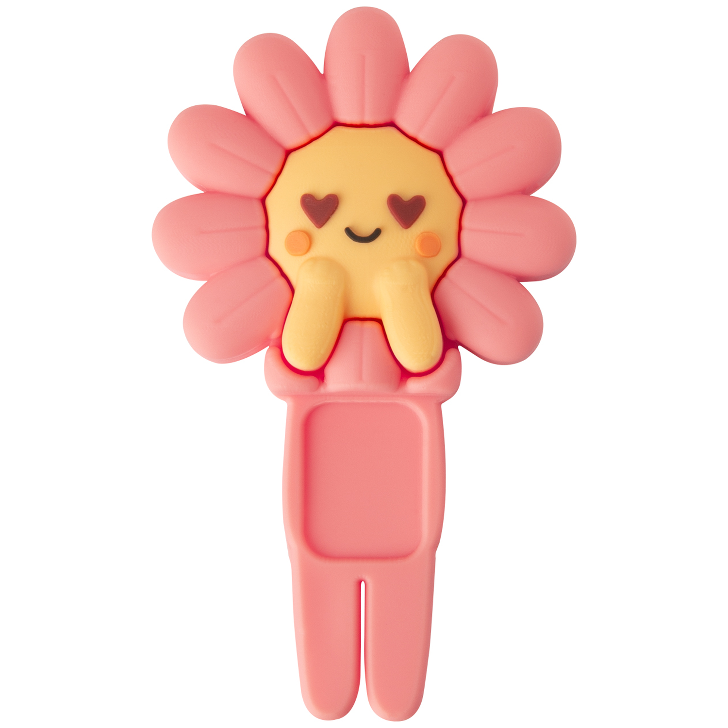 A pink flower-shaped object with a yellow face, heart eyes, and a smiling mouth. It has a pink body with a slot.