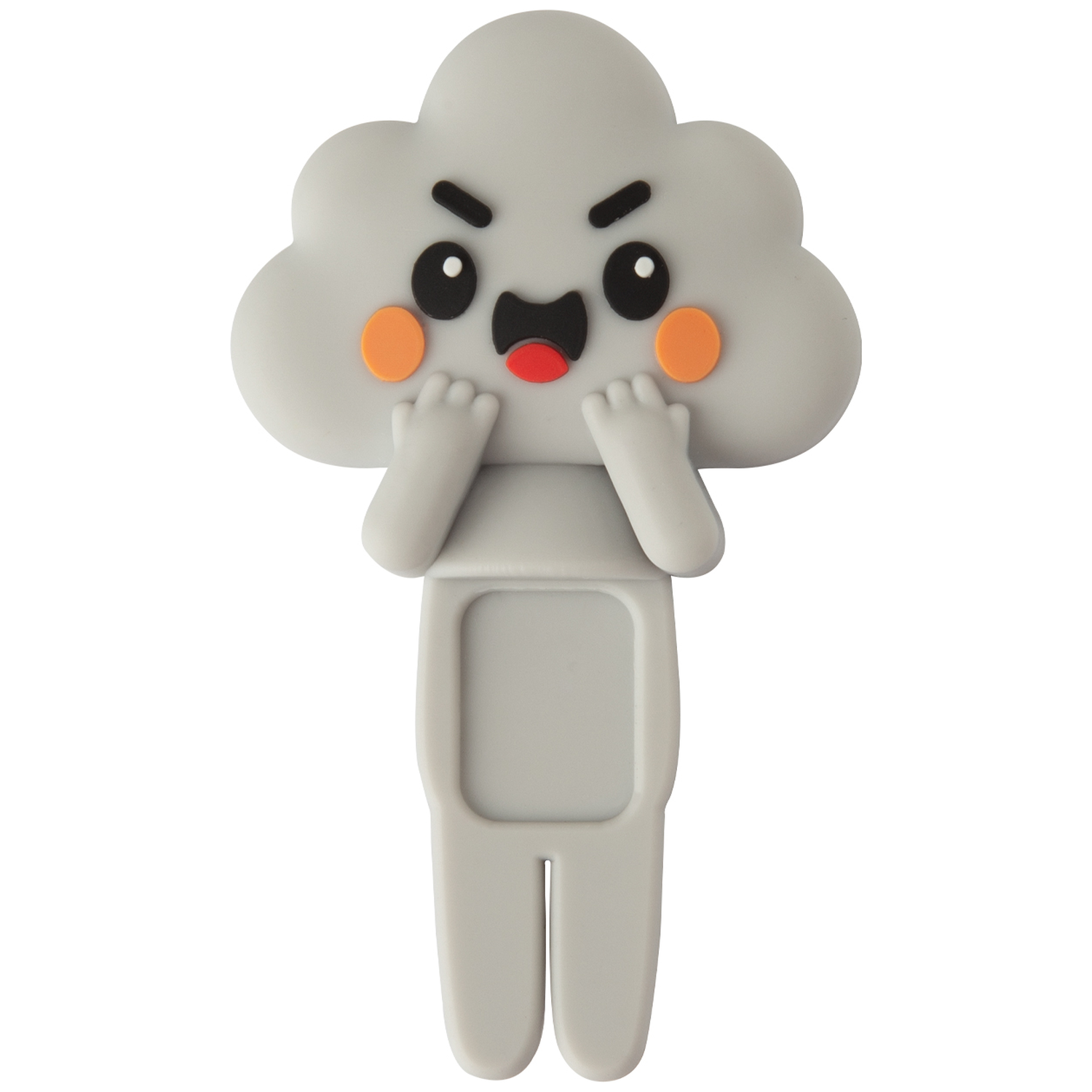 A gray cloud-shaped figure with an angry face. It has black eyes, orange cheeks, and a red mouth. The figure holds its hands up to its face.