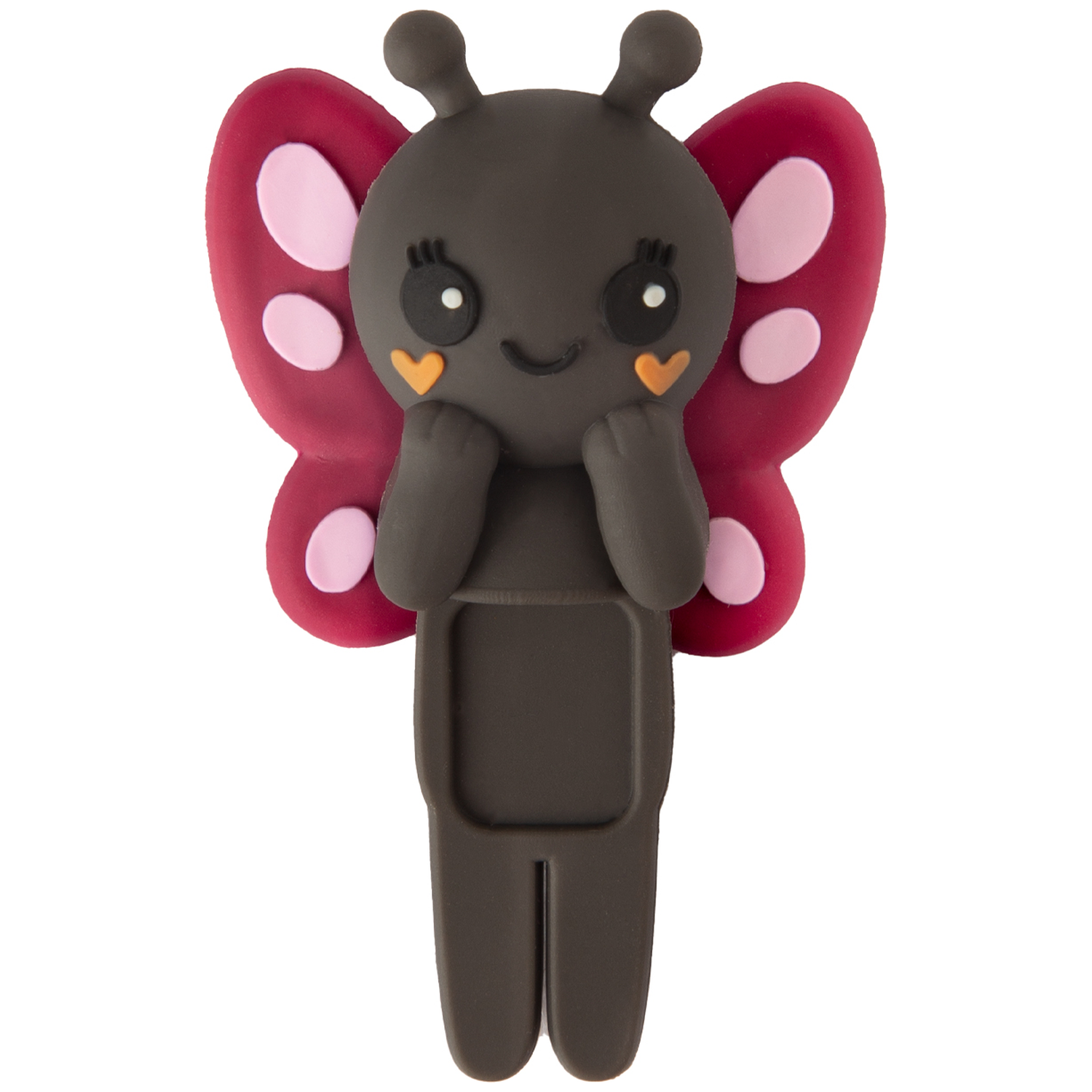 A cartoon butterfly with a dark body, red wings with pink spots, and a smiling face. It's holding its hands near its face.