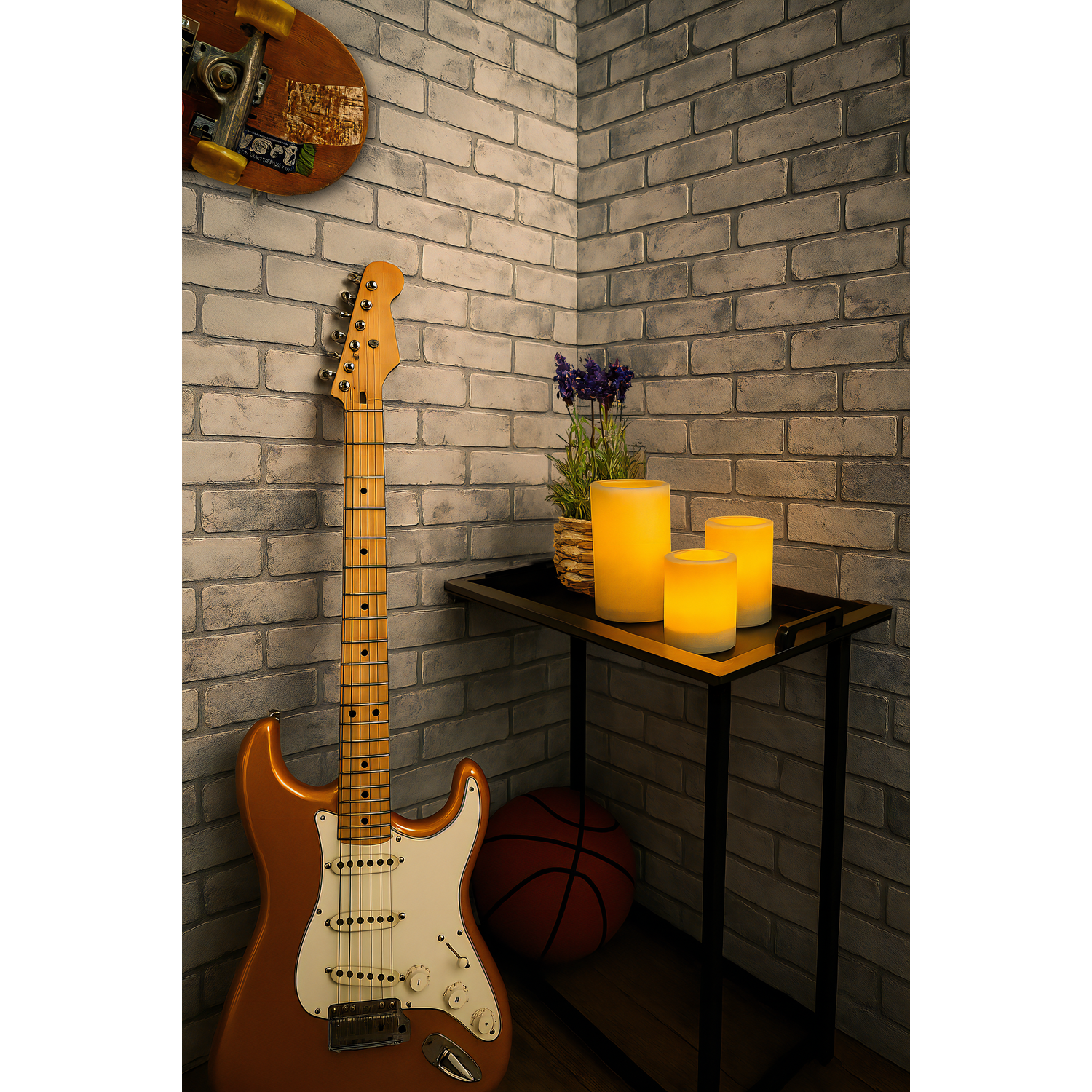 An orange guitar leans against a brick wall. A skateboard hangs above. A basketball and candles are nearby.