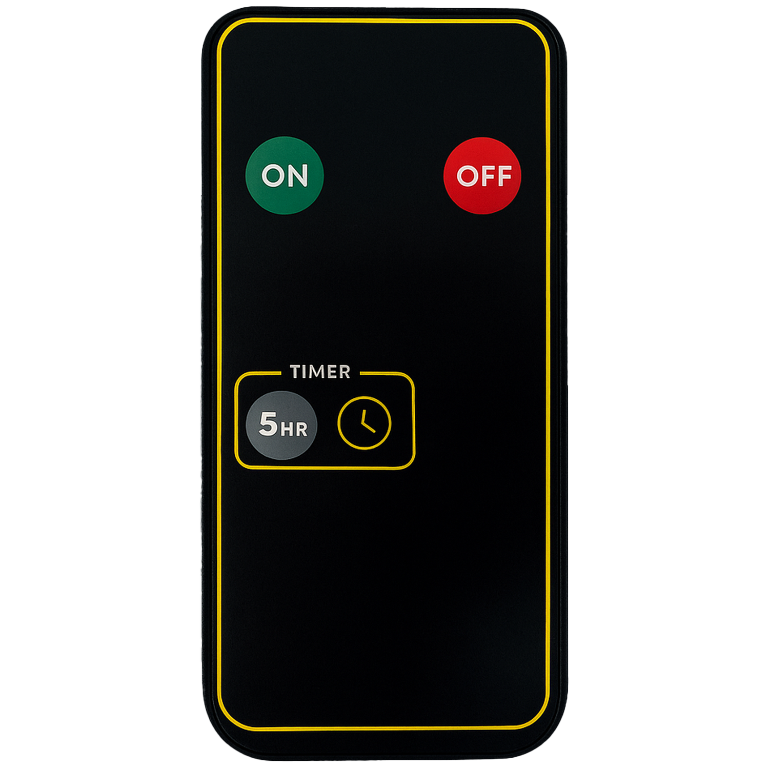 Black remote control with green 'ON' and red 'OFF' buttons. It also has a timer function with a '5HR' option and a clock icon.