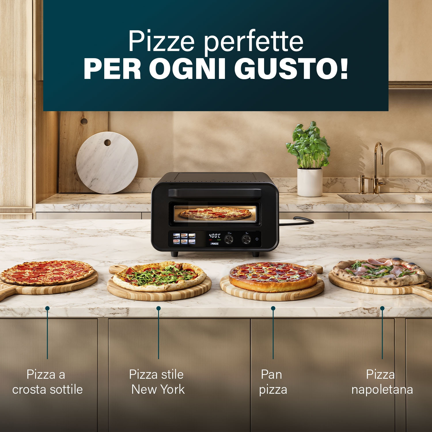 L'immagine mostra un forno per pizza con quattro pizze su assi di legno. Il testo recita: 'Pizze perfette PER OGNI GUSTO!'