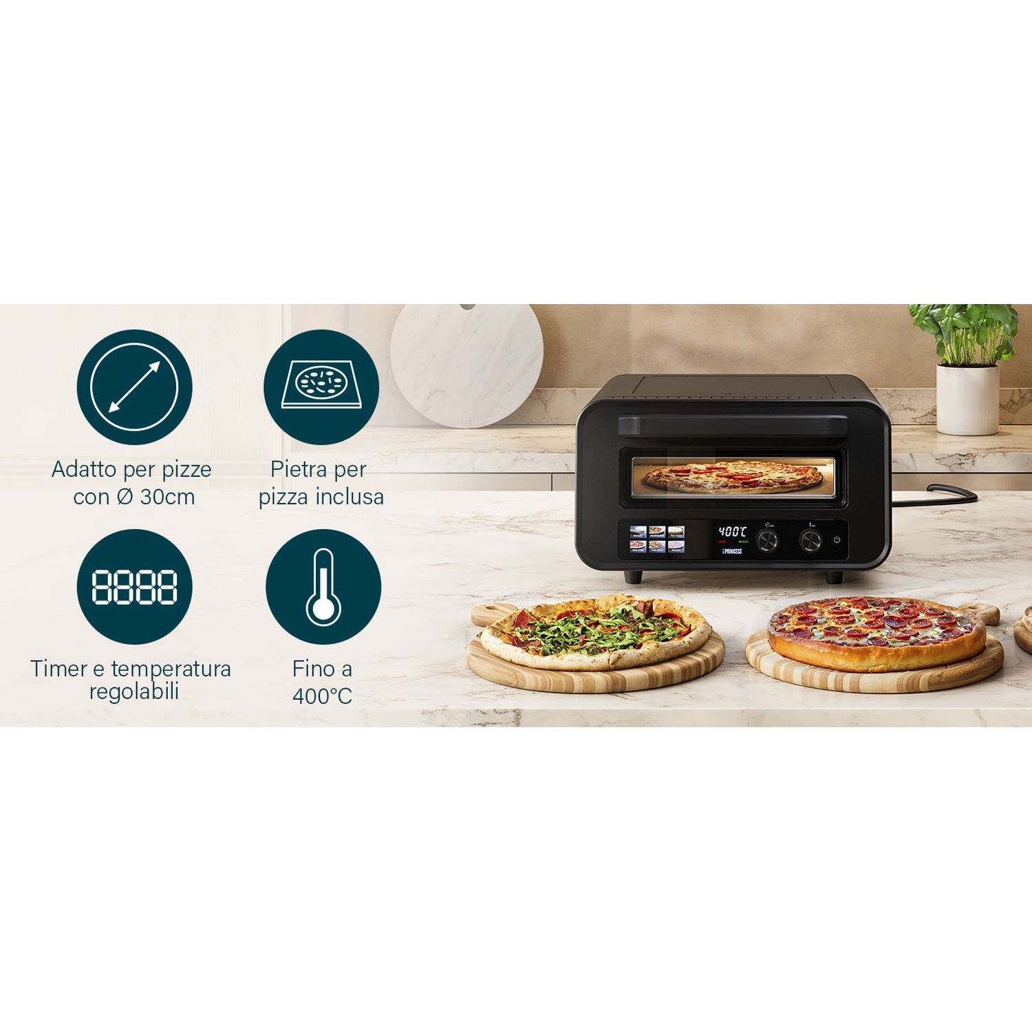 Un forno per pizza con pizza all'interno, due pizze su assi di legno. Sono visibili anche icone con testo.