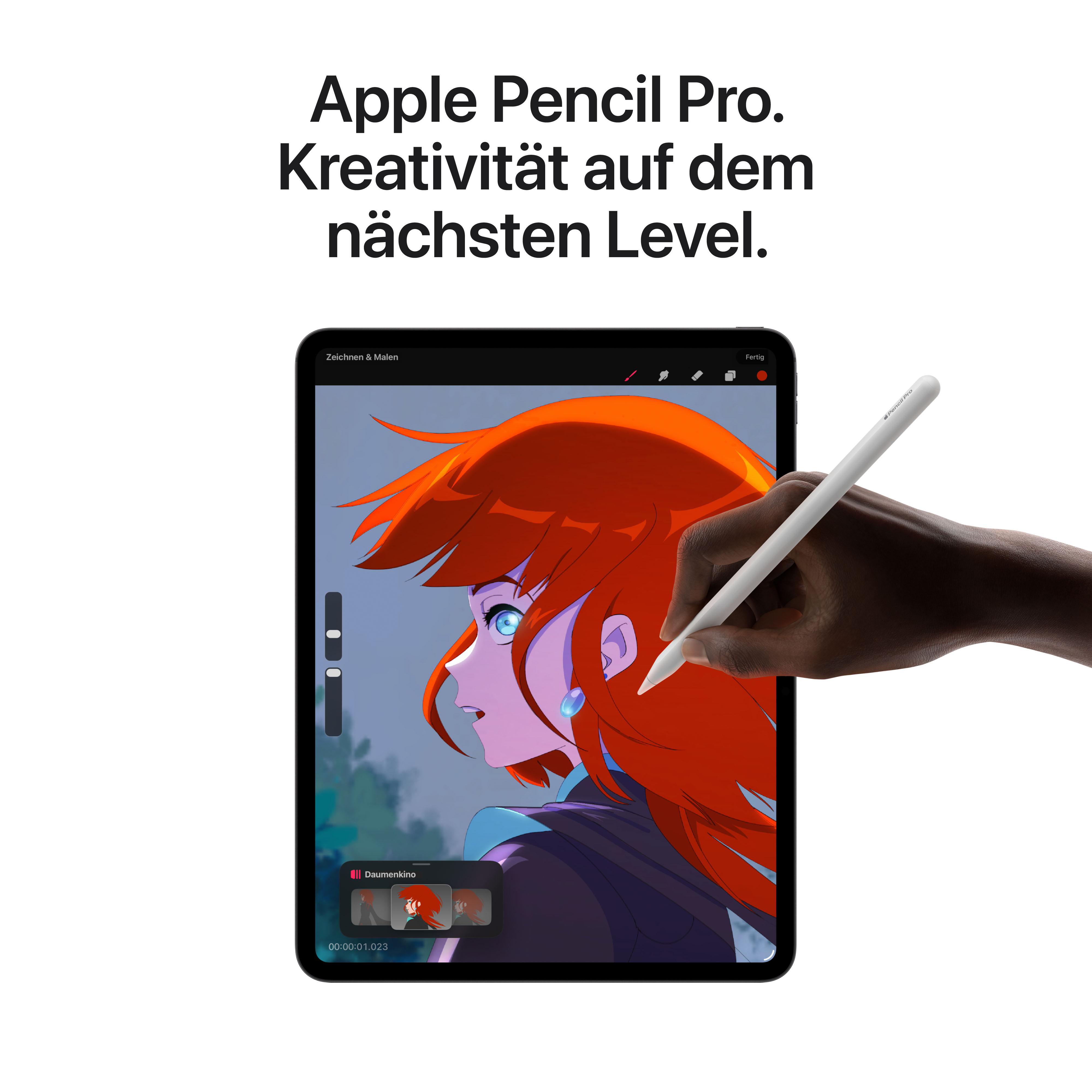 Ein Apple Pencil Pro zeichnet auf einem iPad. Der Bildschirm zeigt Anime-Kunst. Eine Hand hält den Stift.