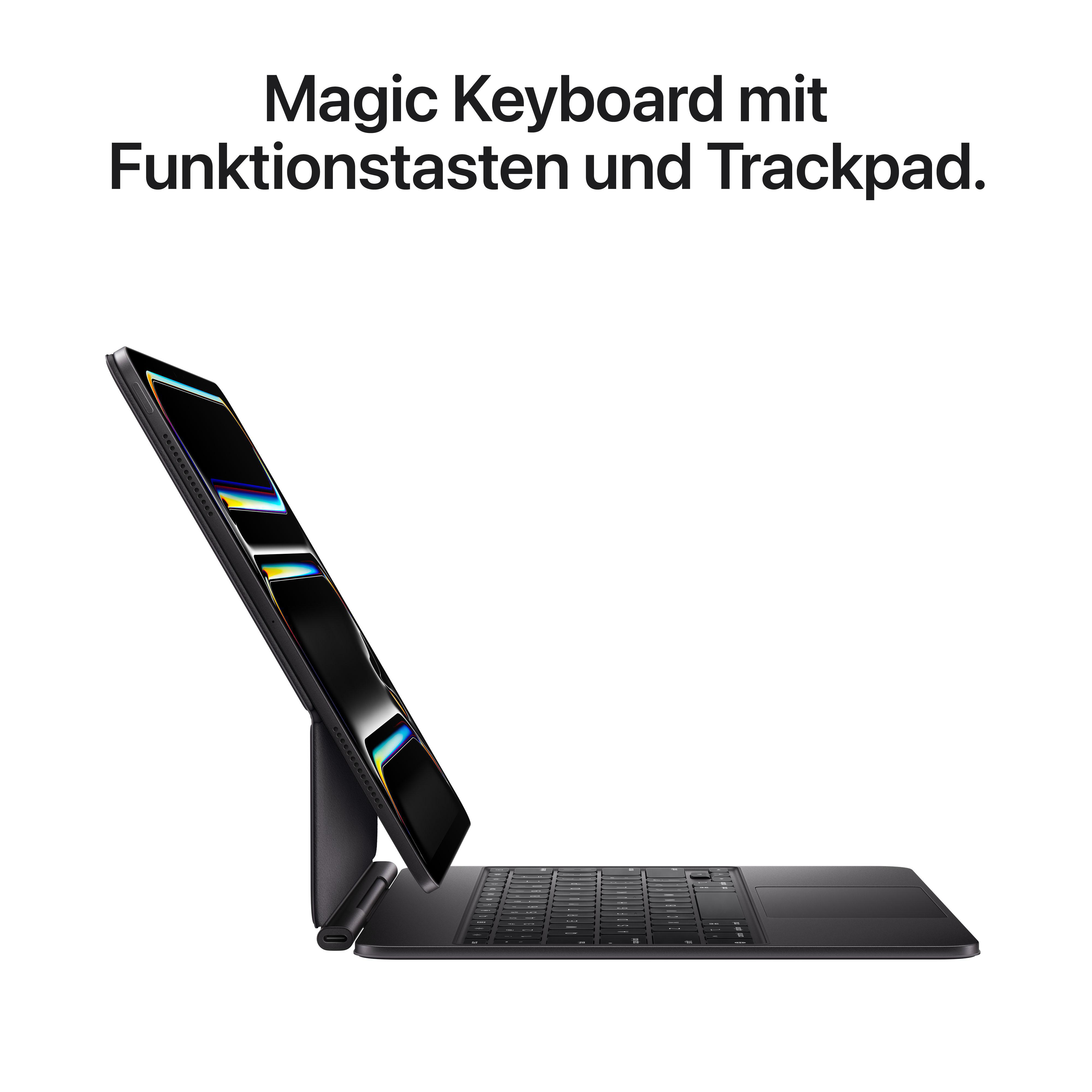 Schwarze Magic Keyboard mit iPad. Zeigt Tastatur, Trackpad und einen angewinkelten iPad-Bildschirm. Weißer Hintergrund.