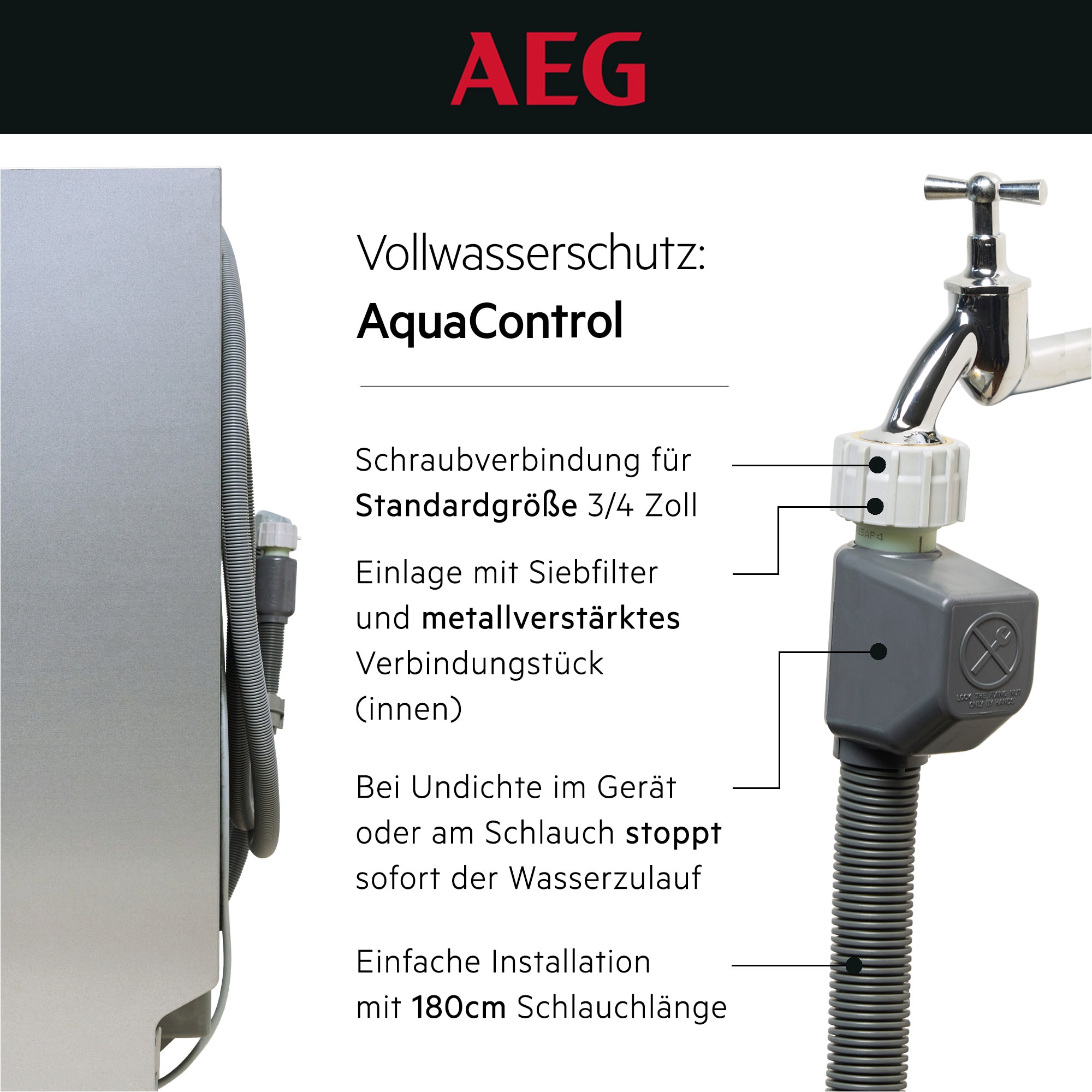 Das Bild zeigt ein AEG AquaControl Wasserschutzsystem mit Wasserhahn und Anschlussschlauch. Text beschreibt die Teile und Funktionen.